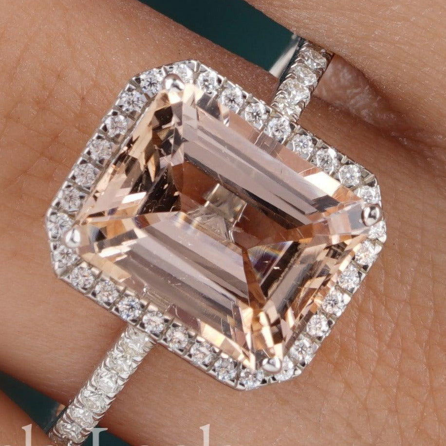 Emerald Cut Pink Morganite Halo Engagement Ring - Eurekalook