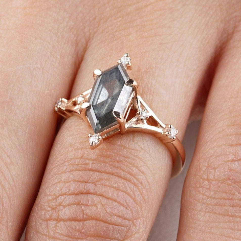 Elongated Hexagon Salt and Pepper Diamond Ring – Eurekalook