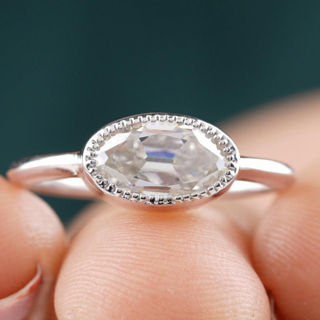 Oval Cut Milgrain Bezel Set Moissanite Engagement Ring