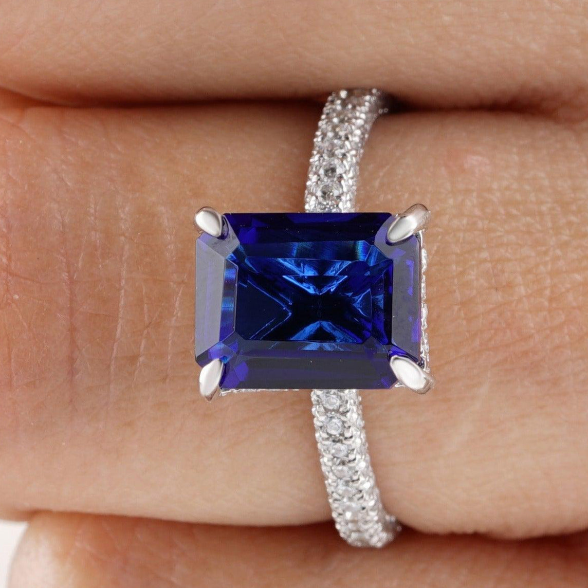 Emerald Cut Blue Sapphire Diamond Wedding Ring - Eurekalook