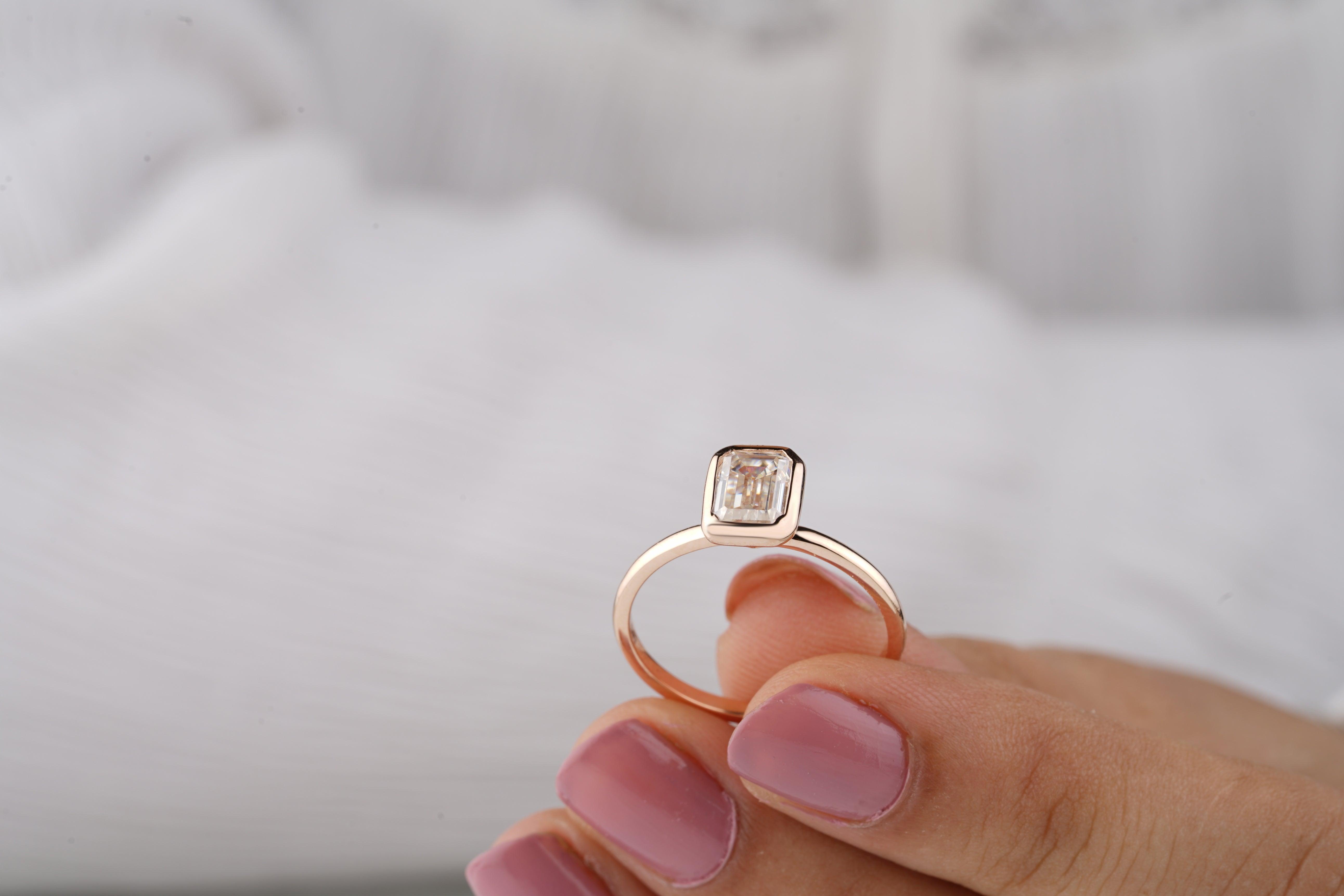 1.30CTW Bezel Set Emerald-Cut Moissanite Engagement Ring - Eurekalook