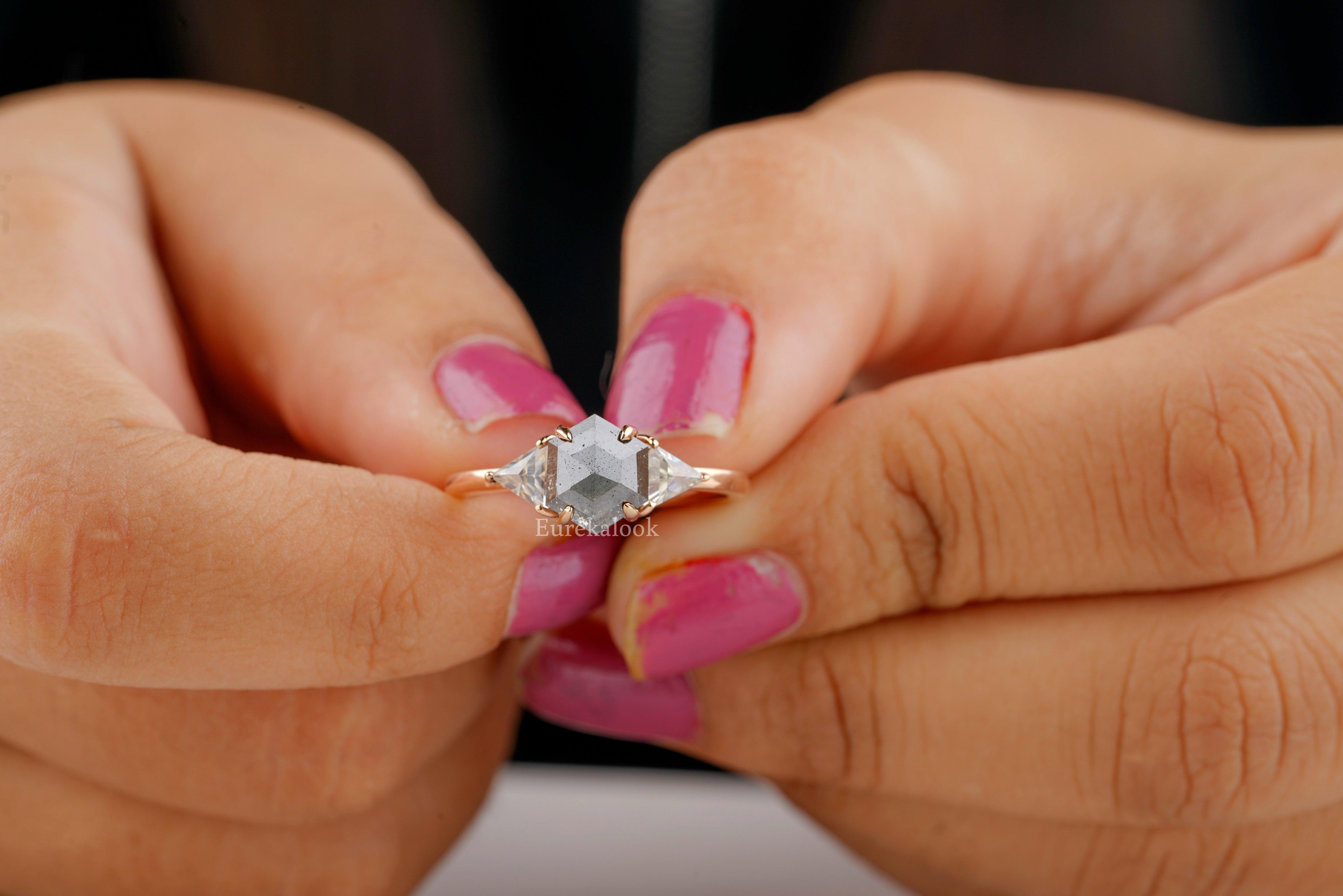 Antique Salt And Pepper Hexagon Cut Moissanite Engagement Ring - Eurekalook