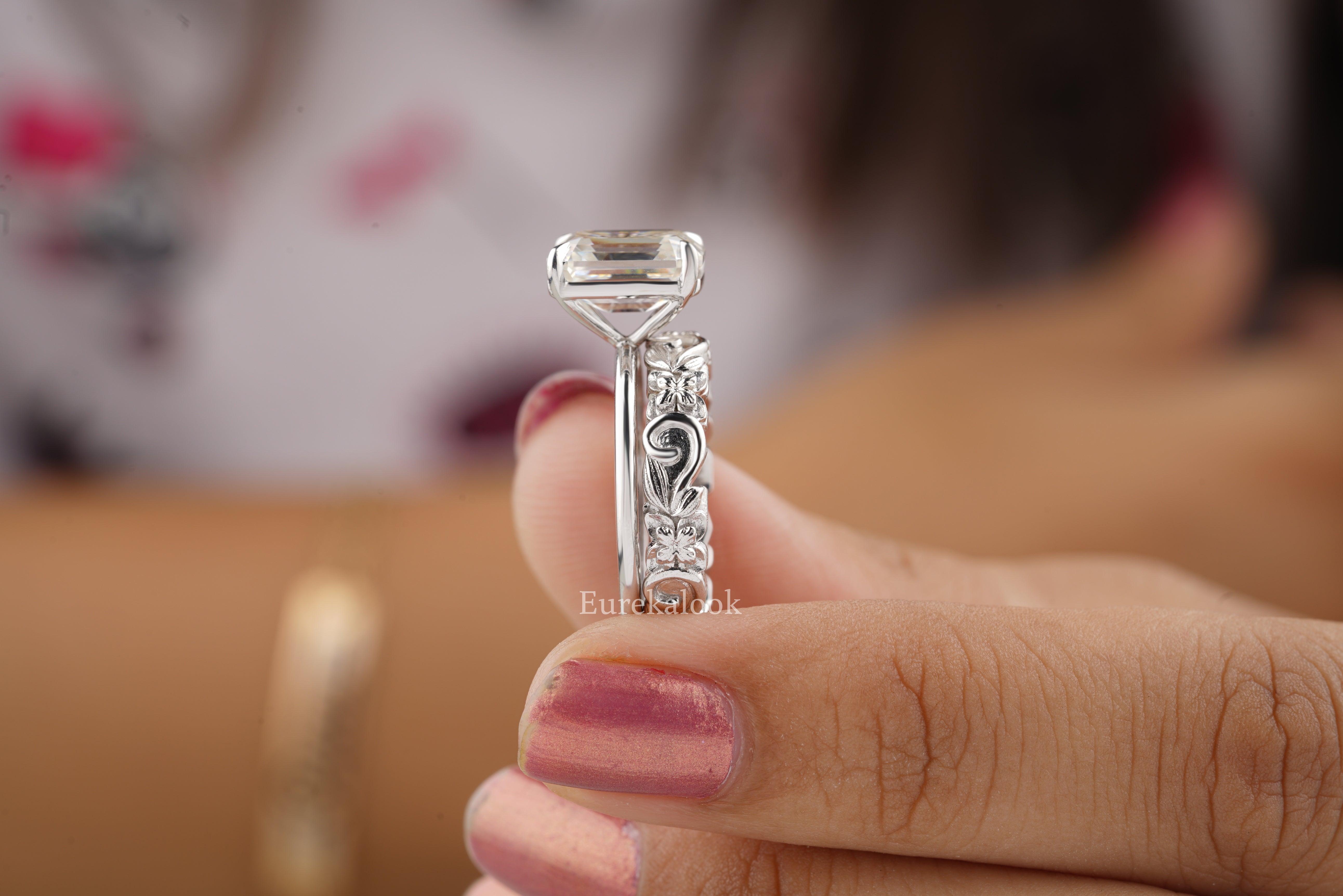Unique Emerald Cut Moissanite Bridal Ring Set - Eurekalook