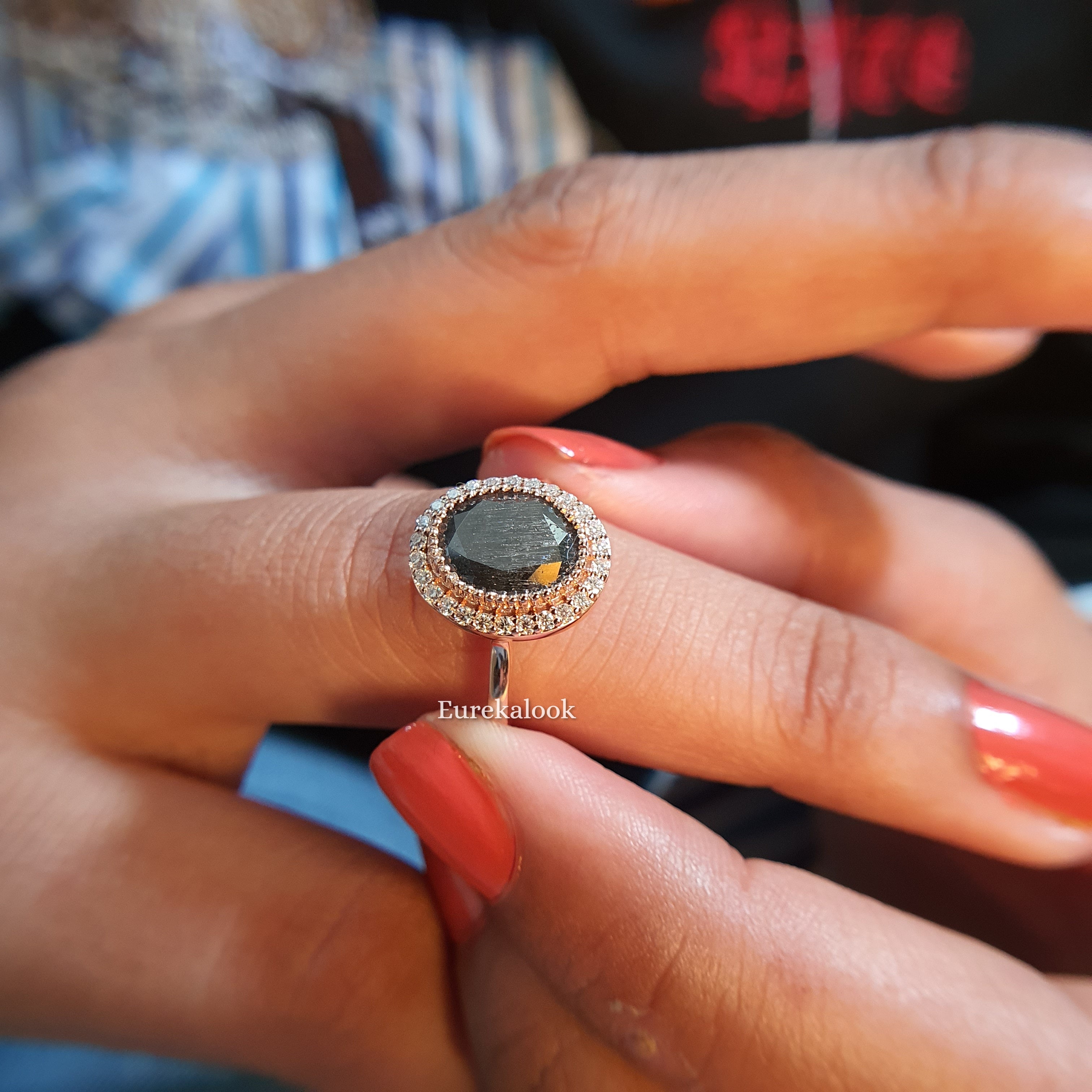 Vintage Oval Cut Salt and Pepper Halo Engagement Ring - Eurekalook