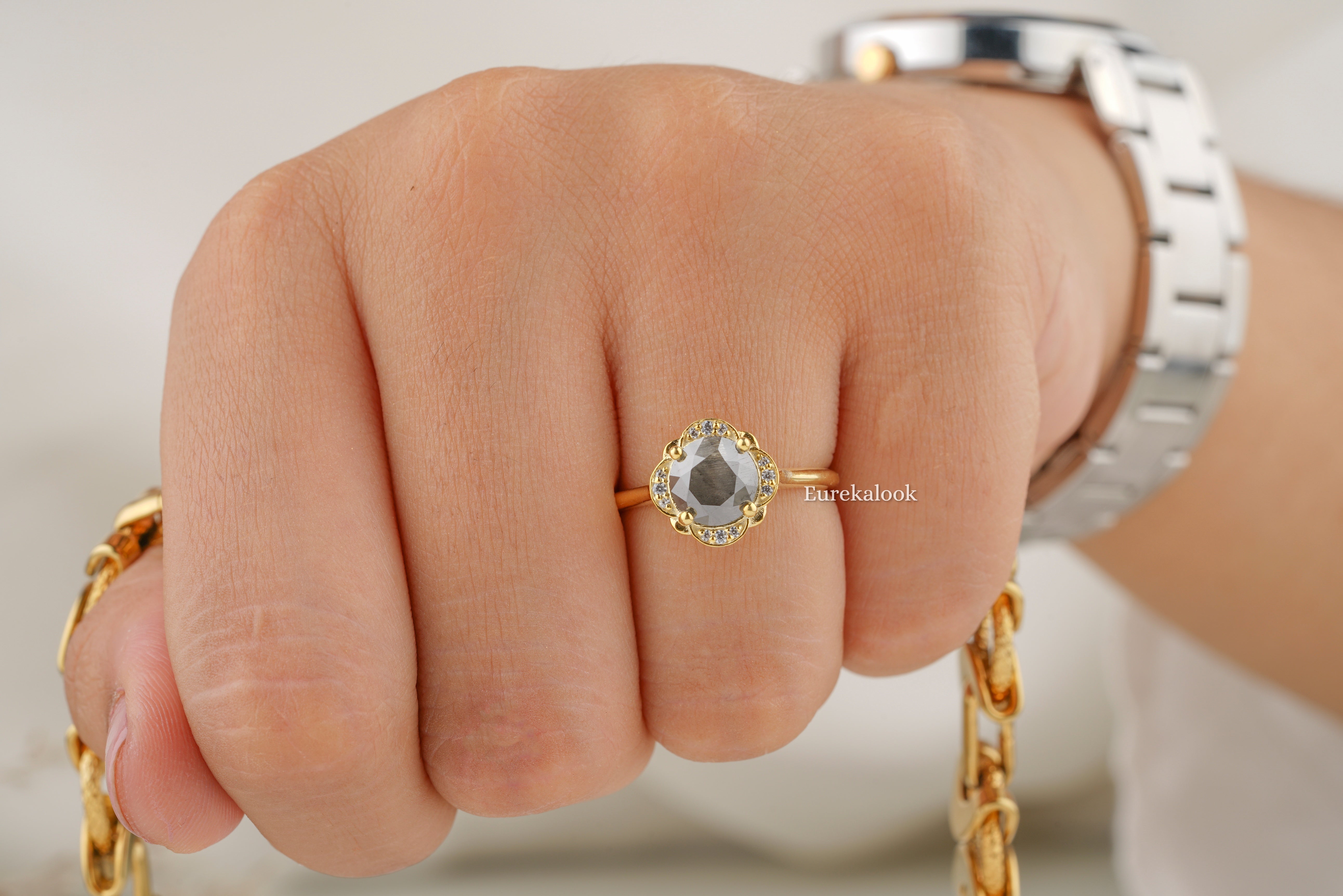 Antique Round Cut Salt and Pepper Diamond Engagement Ring - Eurekalook