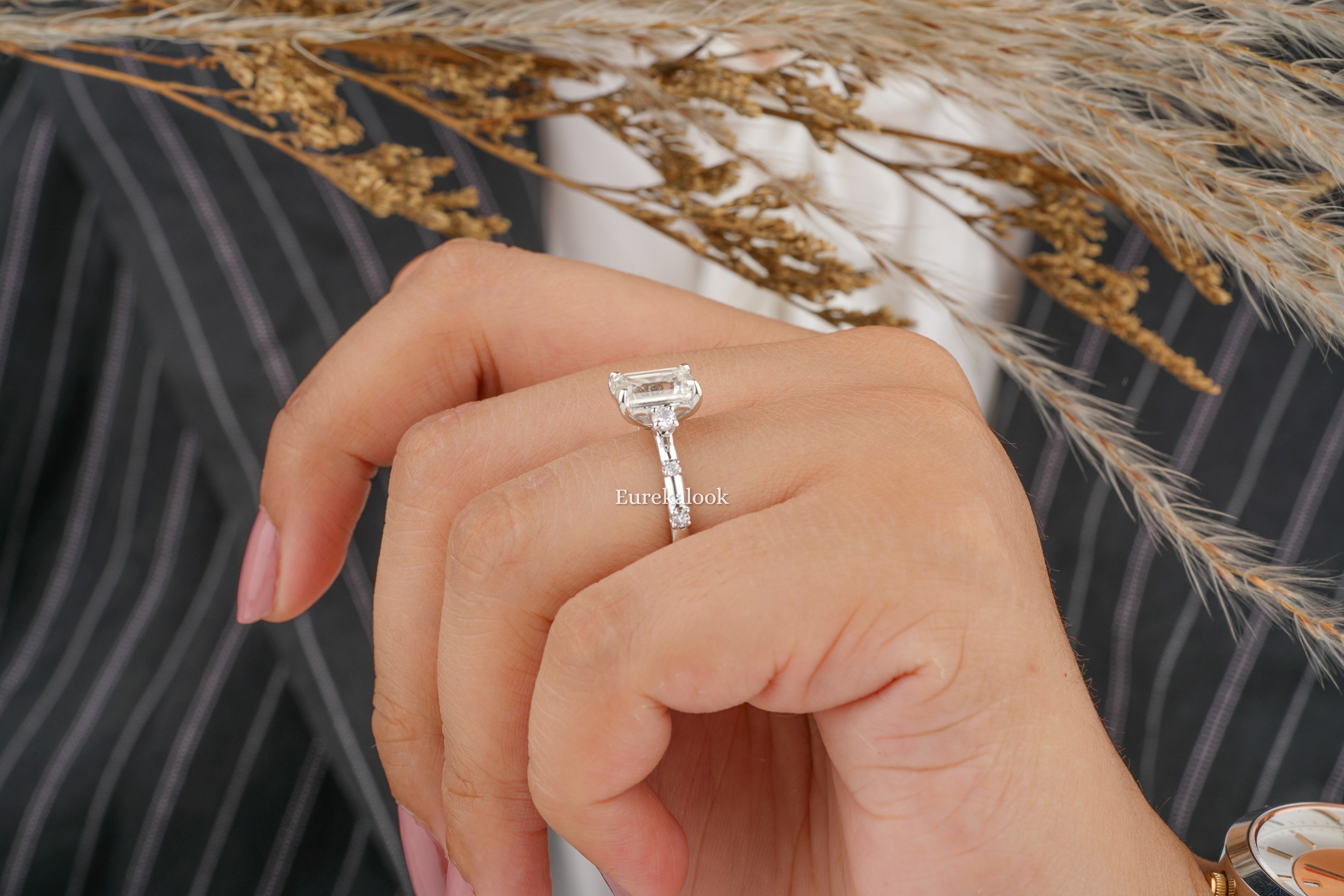 White Gold Emerald Cut Moissanite Engagement Ring - Eurekalook