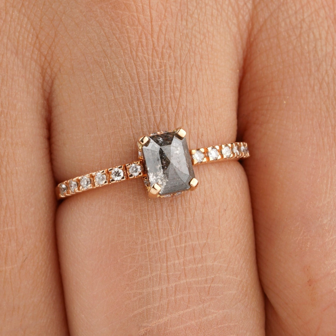 Emerald Cut Salt and Pepper Diamond Wedding Ring - Eurekalook