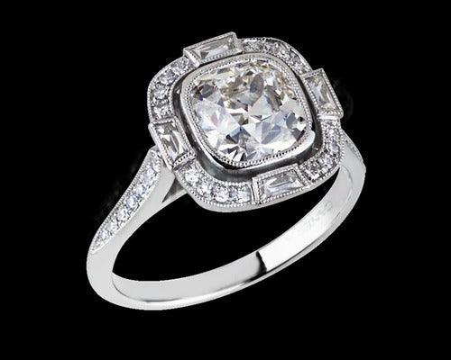 8*7mm old mine Cushion cut and Side stone Round cut Moissanite (Near Colorless) 10k White Gold, Ring size - 6.5 US - Eurekalook