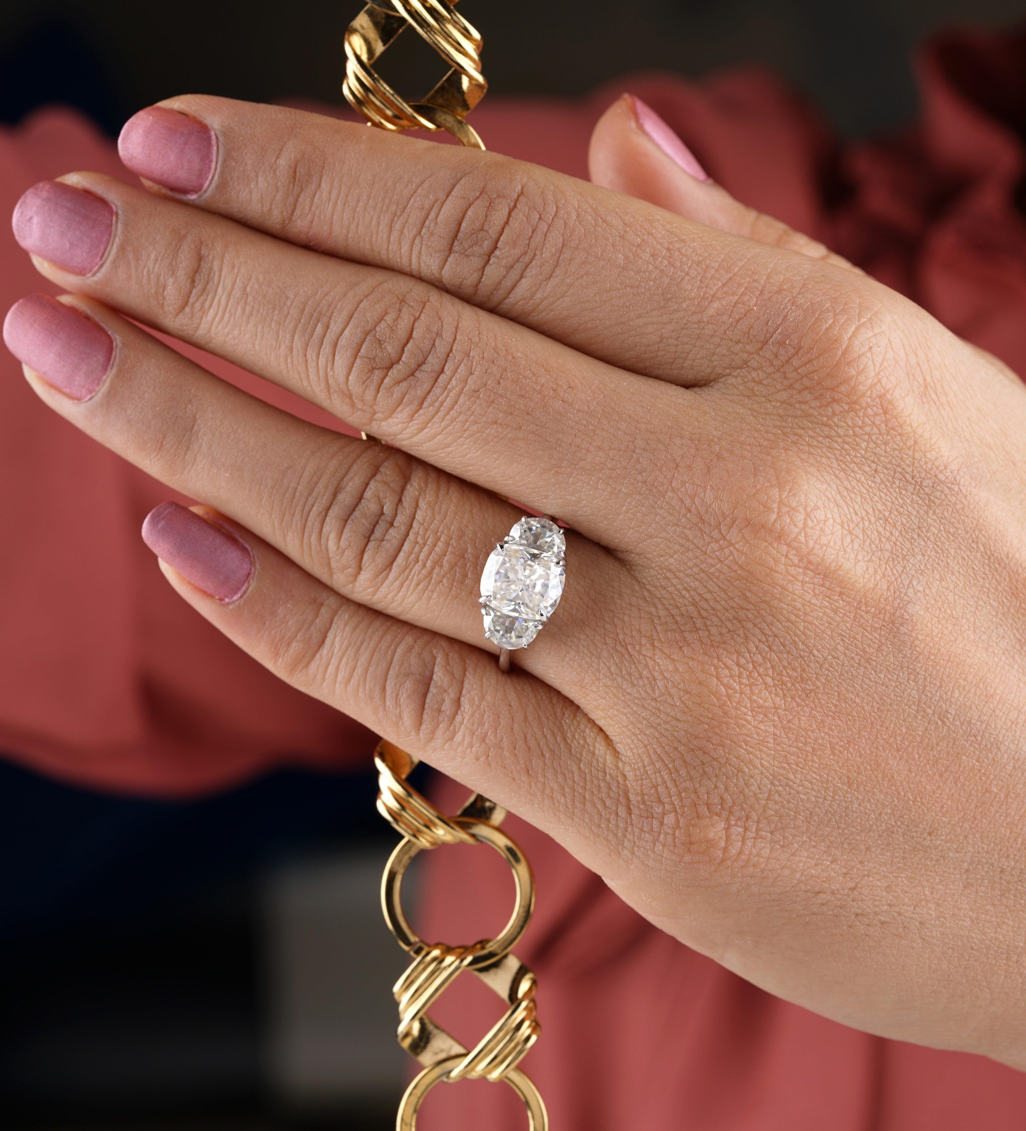 Elongated Cushion Cut Moissanite Three Stone Engagement Ring