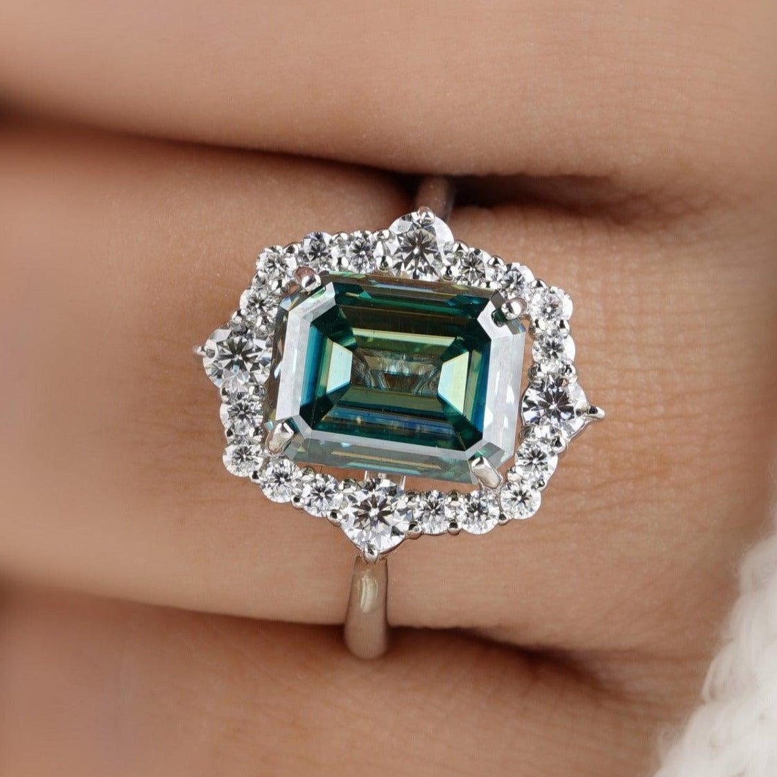 Asymmetric Green Emerald Cut Moissanite Diamond Cluster Ring - Eurekalook