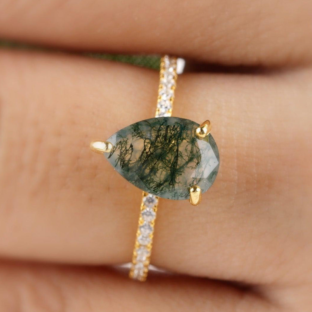 Pear Cut Moss Agate Hidden Halo Wedding Ring - Eurekalook