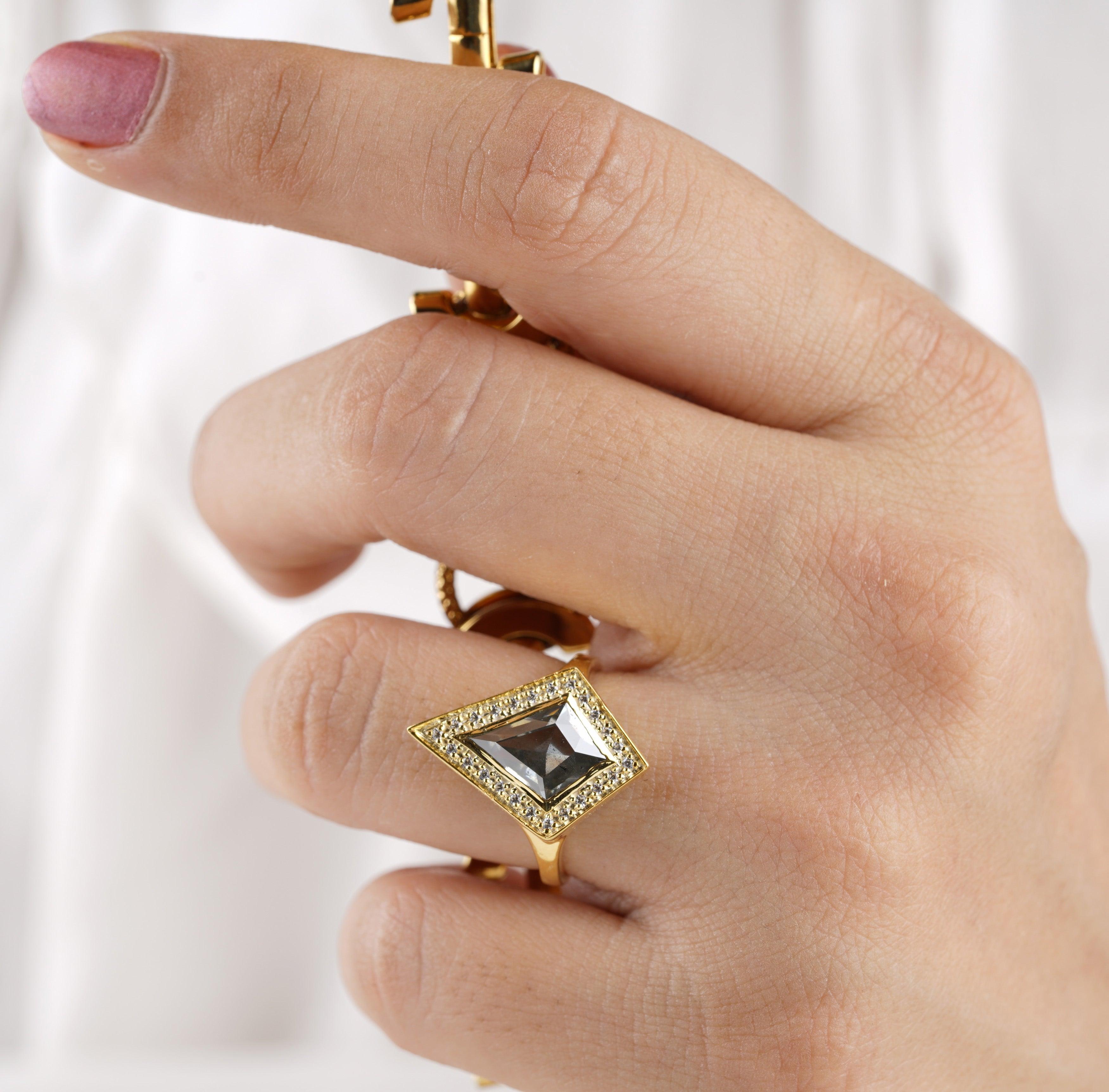 Salt and Pepper Kite Cut Diamond Moissanite Ring - Eurekalook