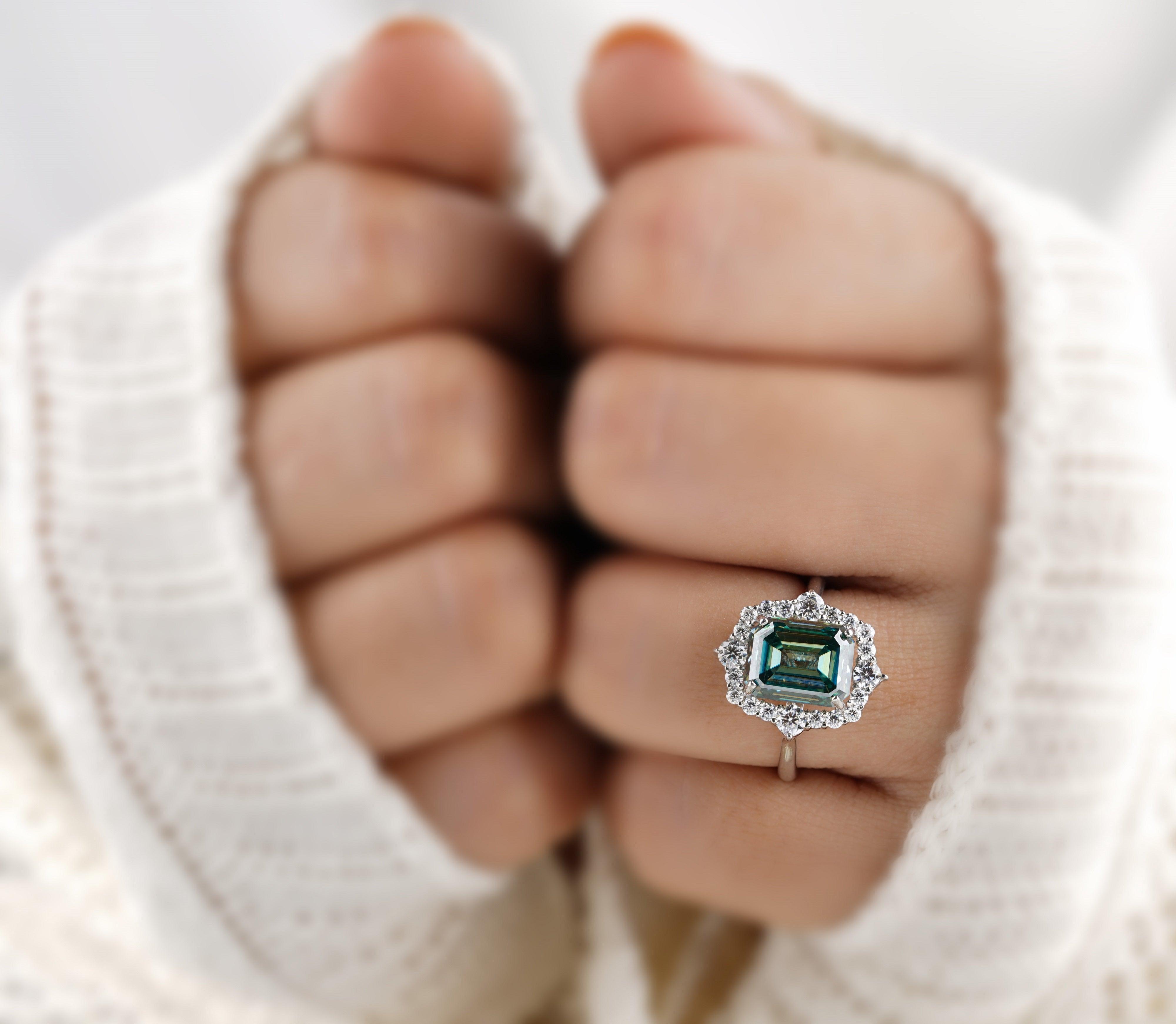 Asymmetric Green Emerald Cut Moissanite Diamond Cluster Ring - Eurekalook