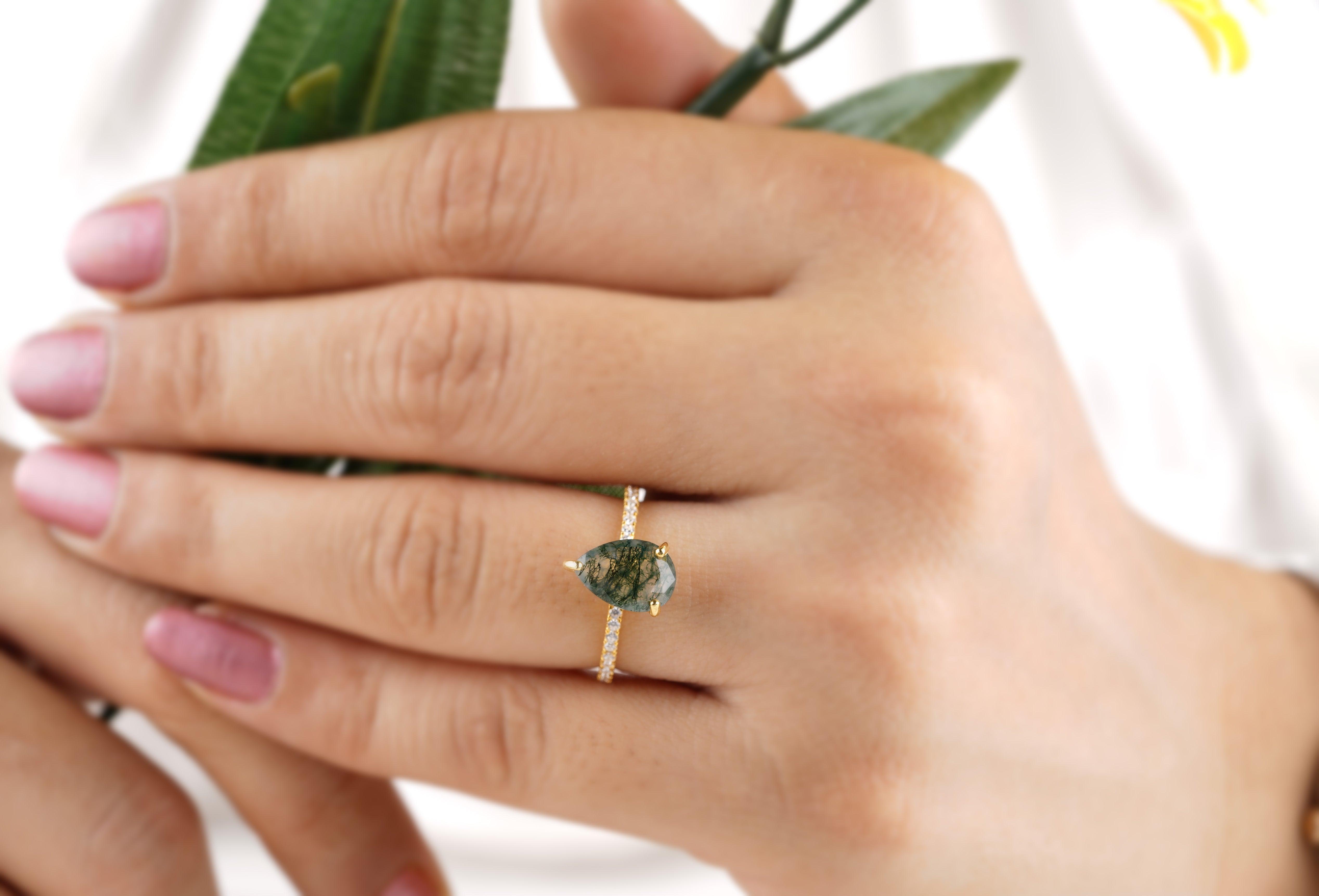 Pear Cut Moss Agate Hidden Halo Wedding Ring - Eurekalook