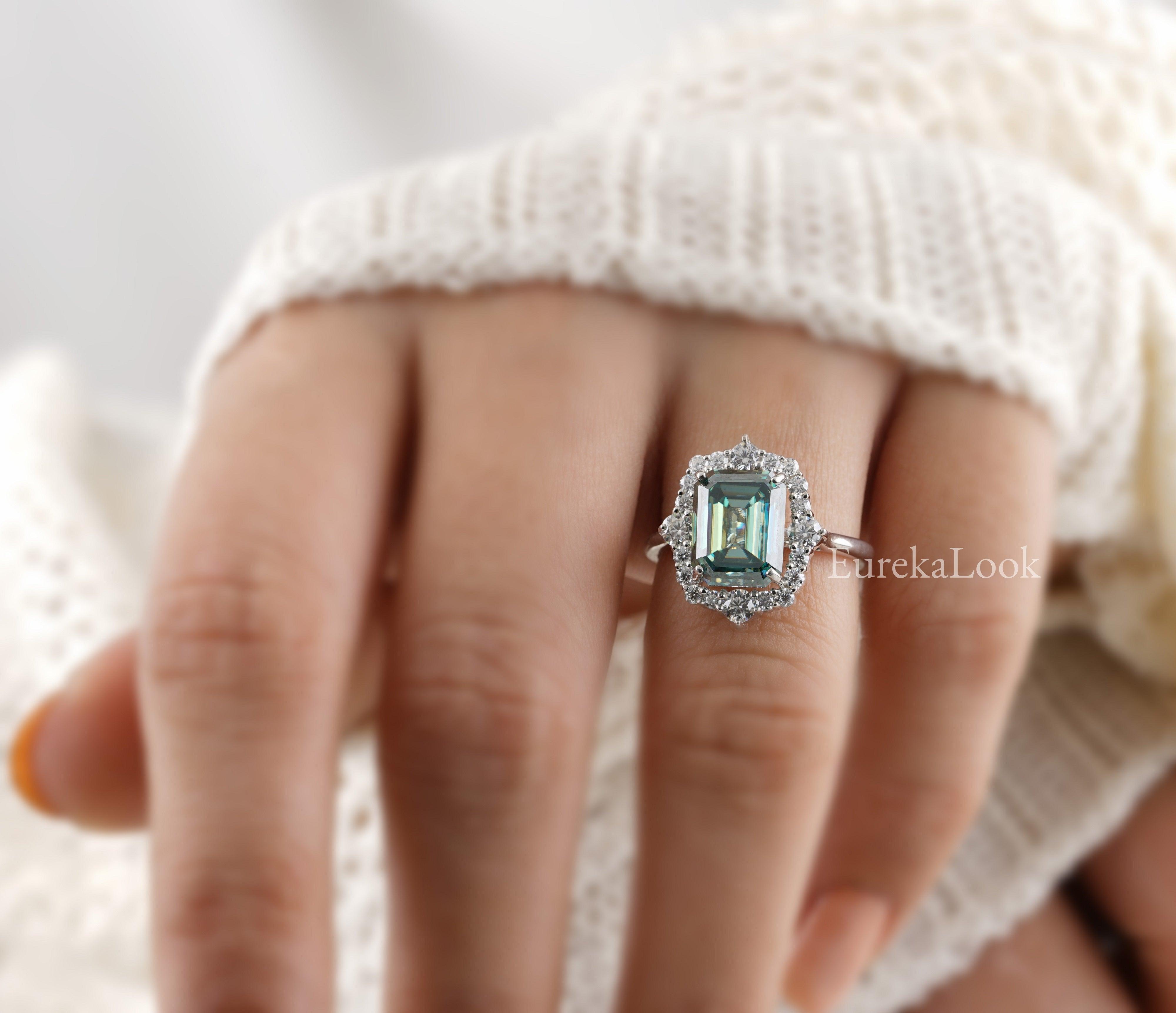 Asymmetric Green Emerald Cut Moissanite Diamond Cluster Ring - Eurekalook