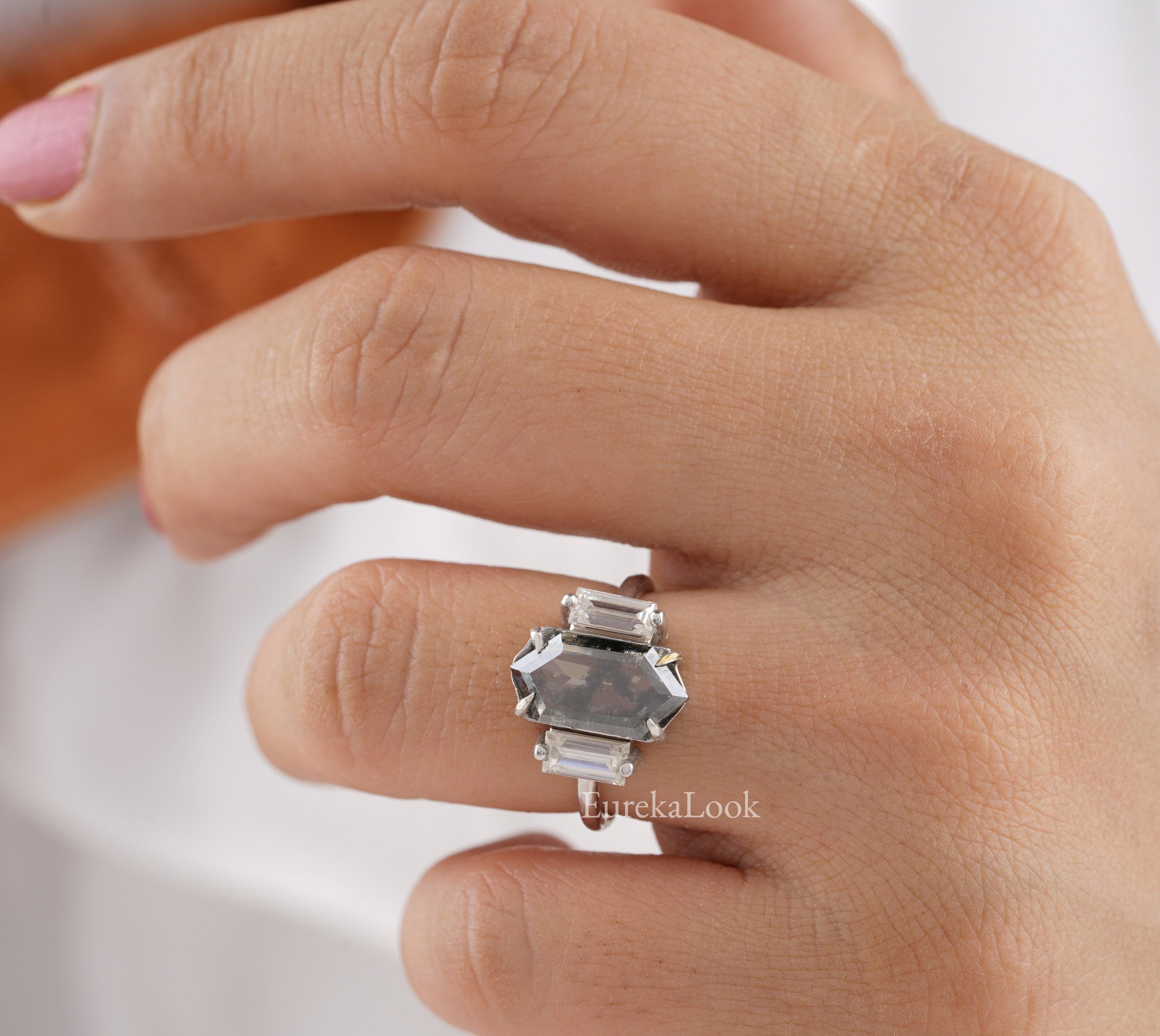 Unique Hexagon Cut Salt and Pepper Diamond Ring - Eurekalook