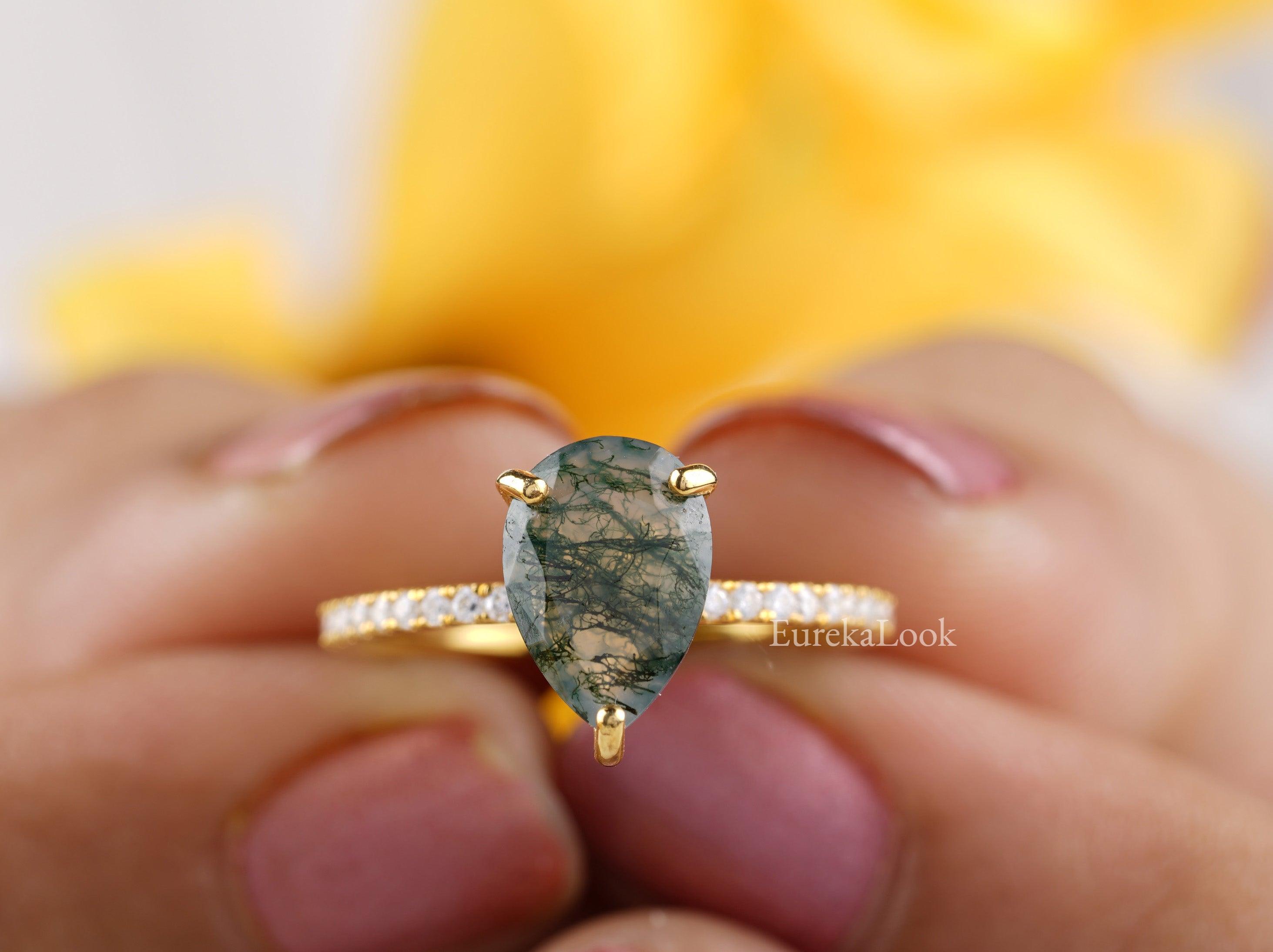 Pear Cut Moss Agate Hidden Halo Wedding Ring - Eurekalook