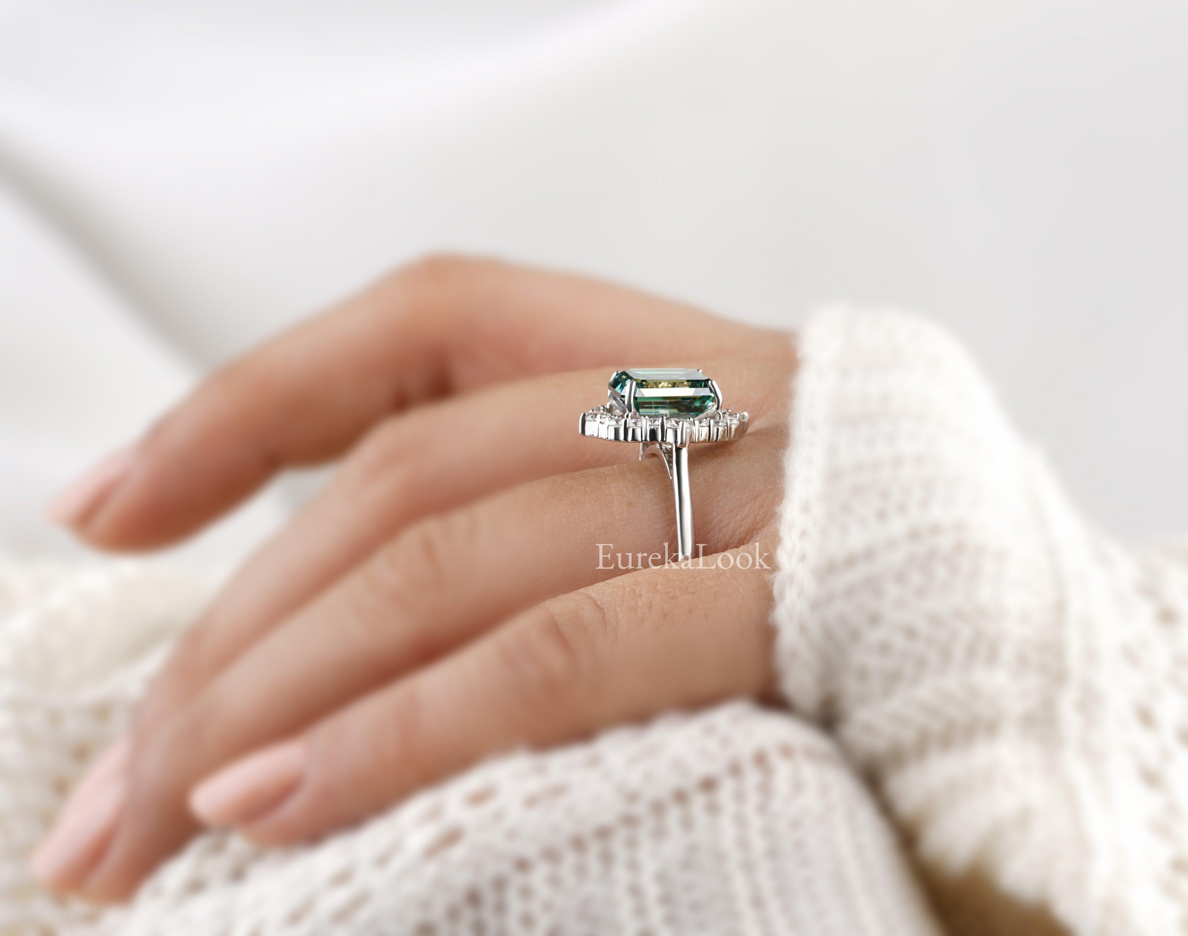 Asymmetric Green Emerald Cut Moissanite Diamond Cluster Ring - Eurekalook