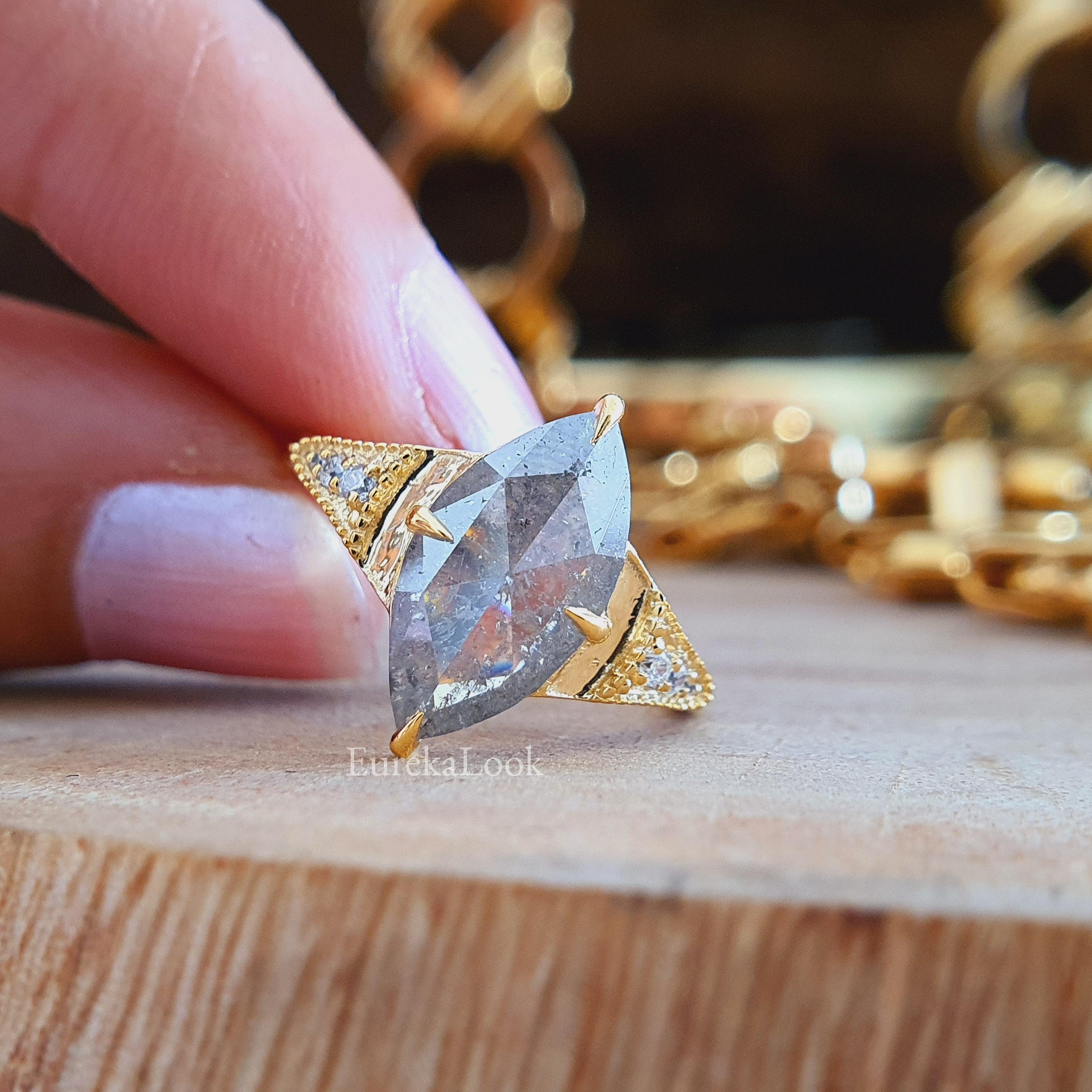 Vintage Marquise Rose Cut Salt and Pepper Moissanite Wedding Ring