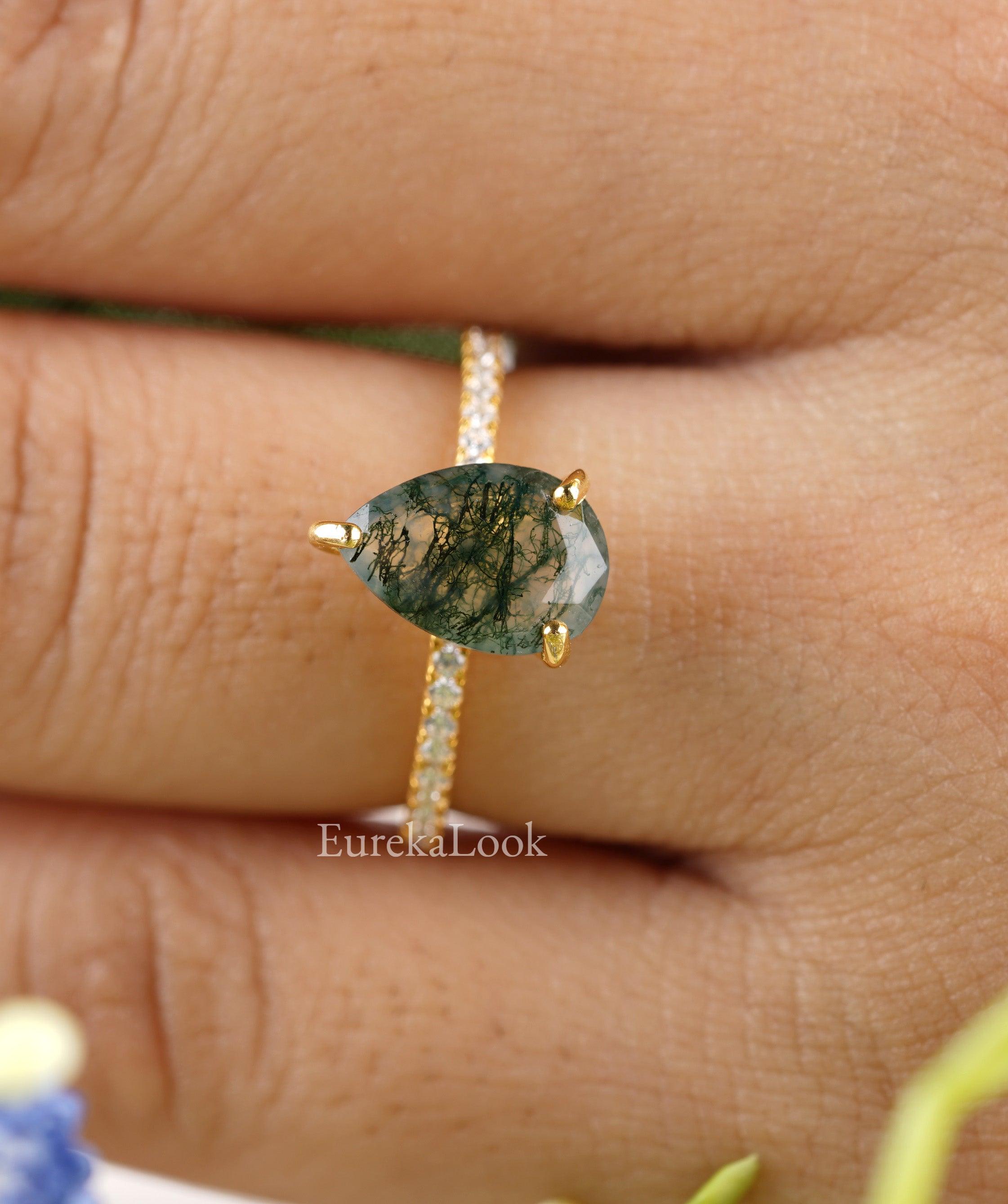 Pear Cut Moss Agate Hidden Halo Wedding Ring - Eurekalook