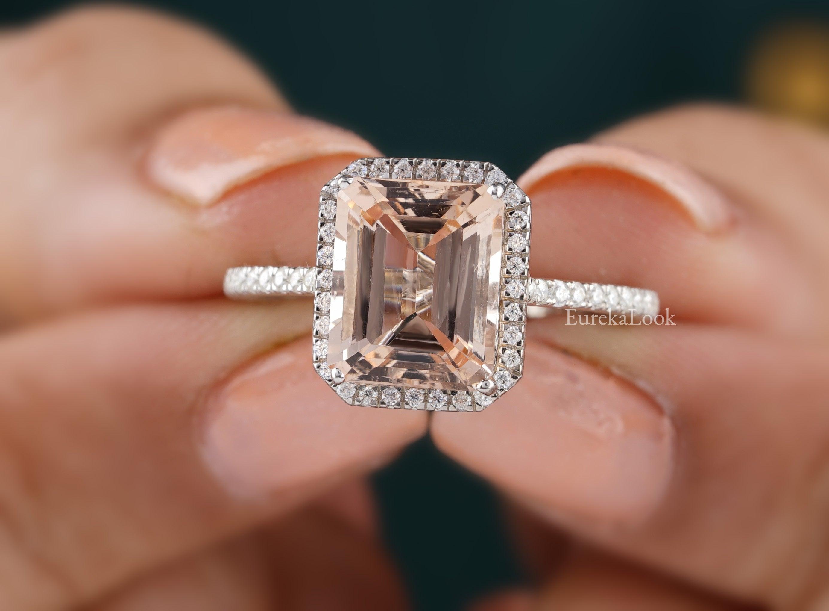 Emerald Cut Pink Morganite Halo Engagement Ring - Eurekalook