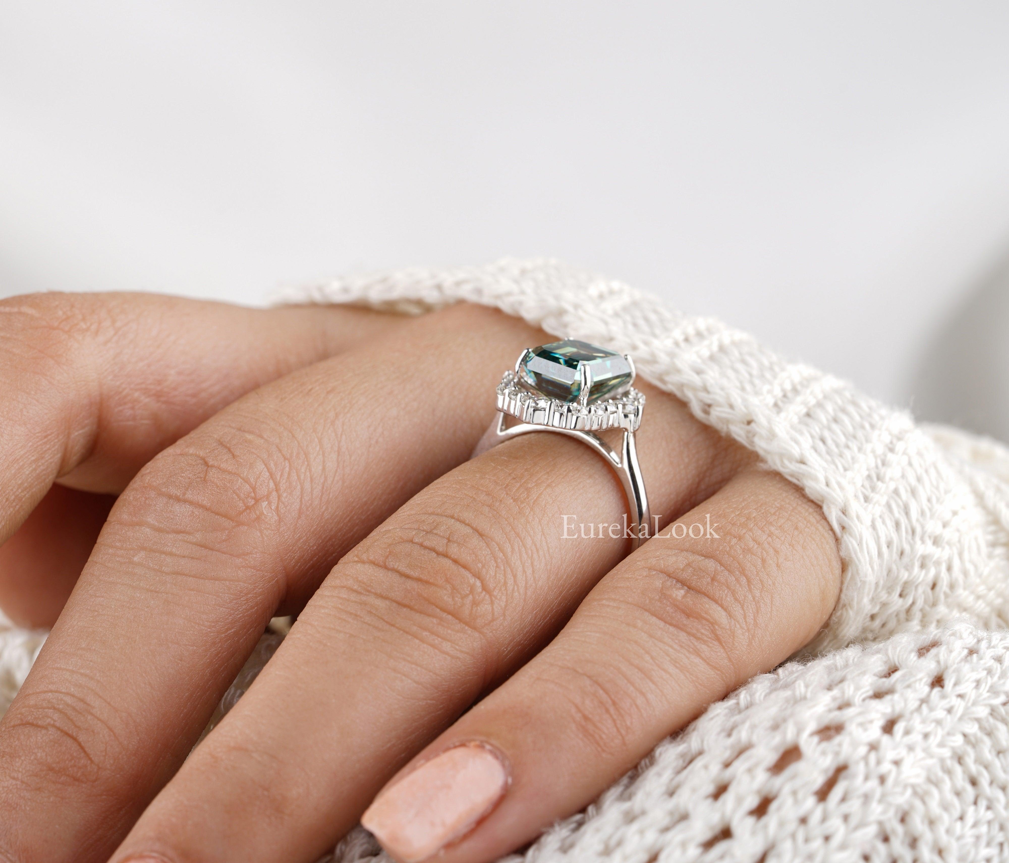 Asymmetric Green Emerald Cut Moissanite Diamond Cluster Ring - Eurekalook