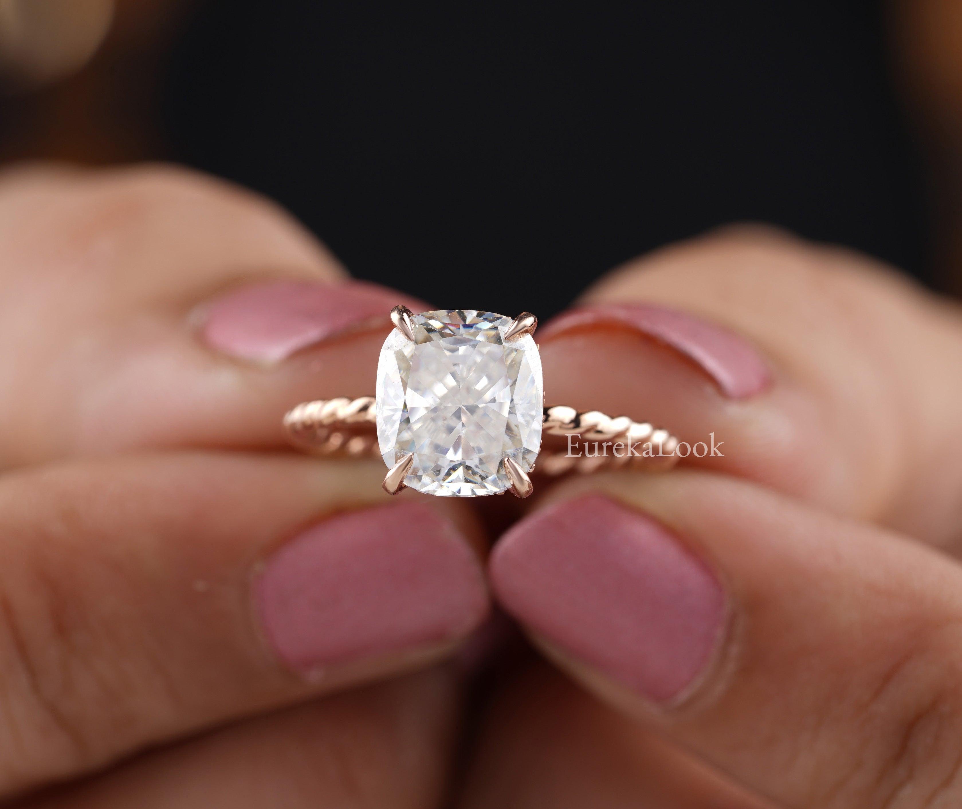 Cushion Cut Moissanite Hidden Halo Engagement Ring - Eurekalook