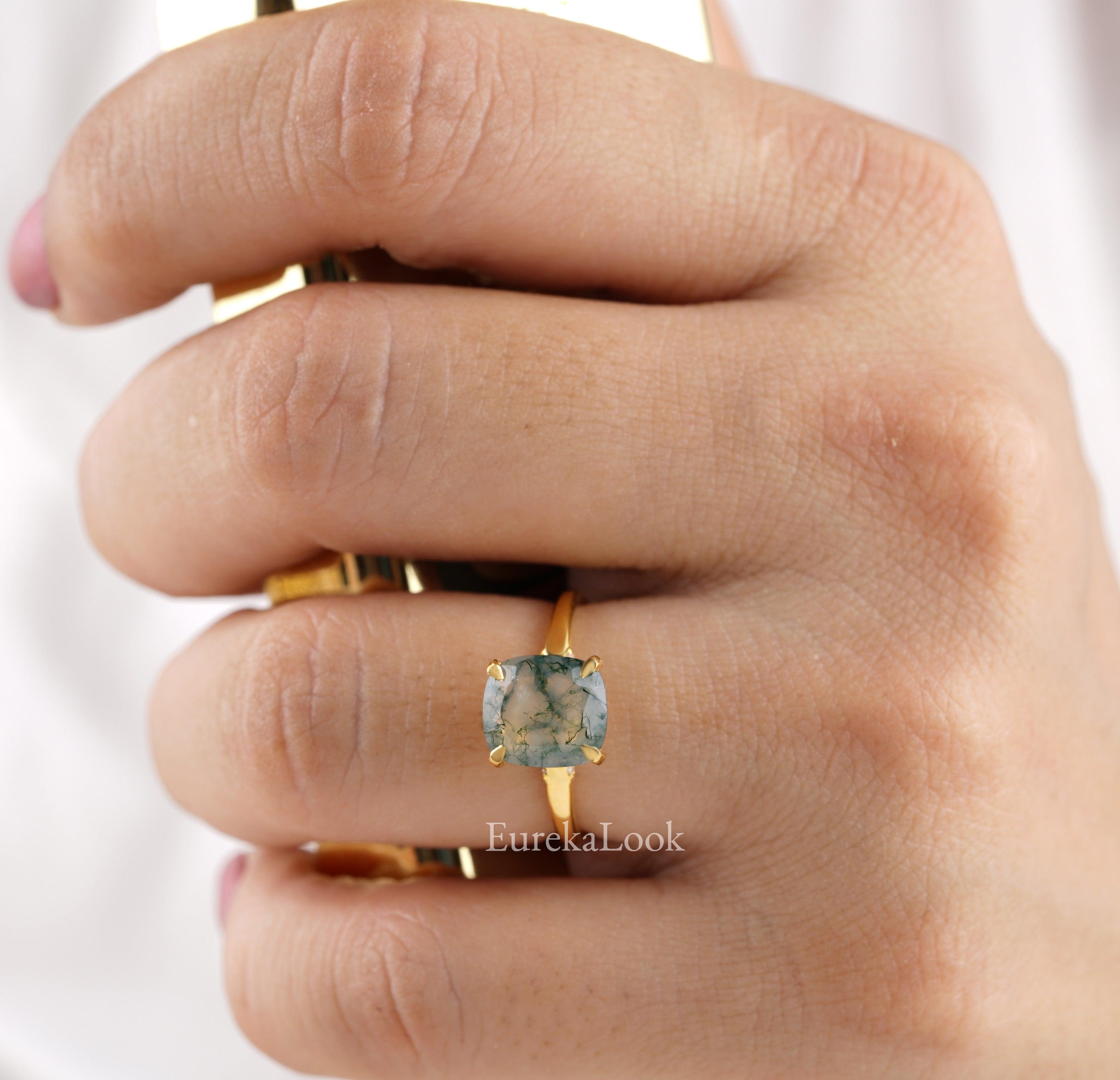 Moss Agate Cushion Cut Solitaire Engagement Ring - Eurekalook