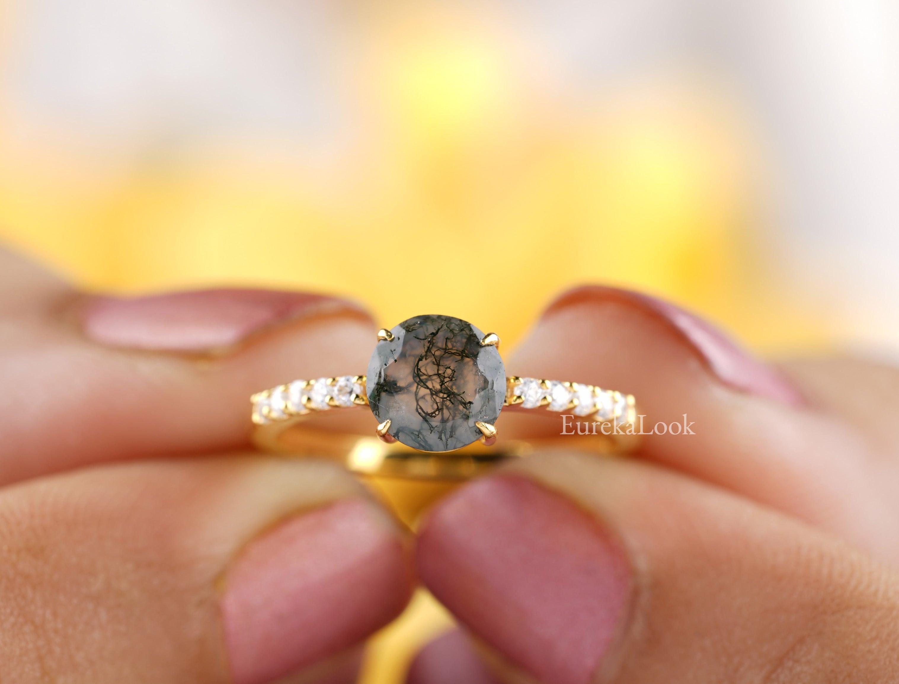 Solid Gold 1.09 CT Round Grey Moss Agate Engagement Ring - Eurekalook
