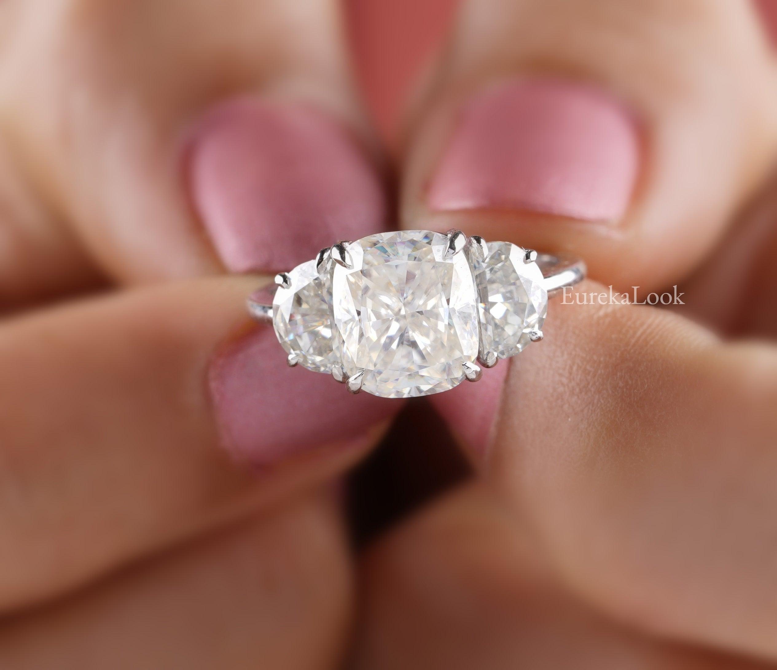 Elongated Cushion Cut Moissanite Three Stone Engagement Ring