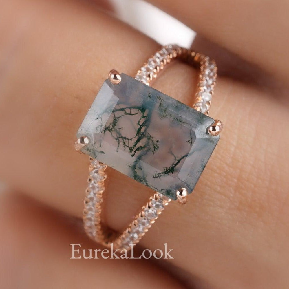 Vintage Emerald Cut Moss Agate Engagement Ring - Eurekalook