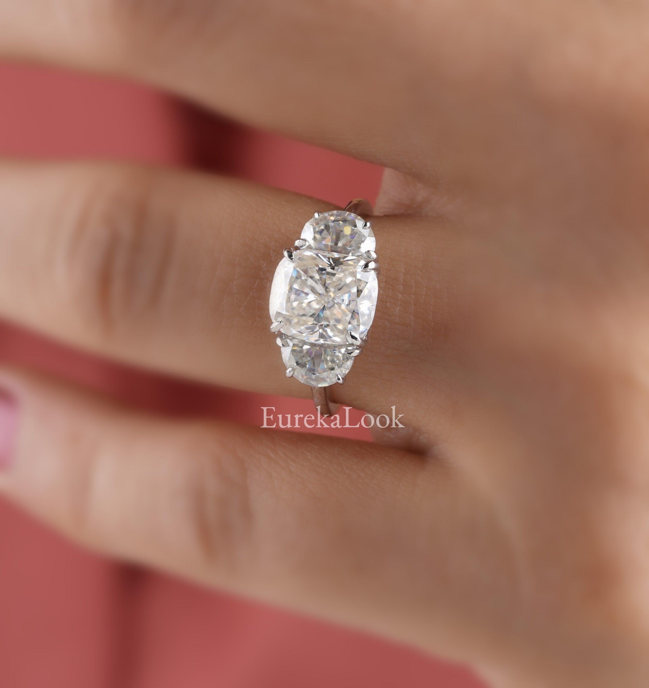 Elongated Cushion Cut Moissanite Three Stone Engagement Ring - Eurekalook