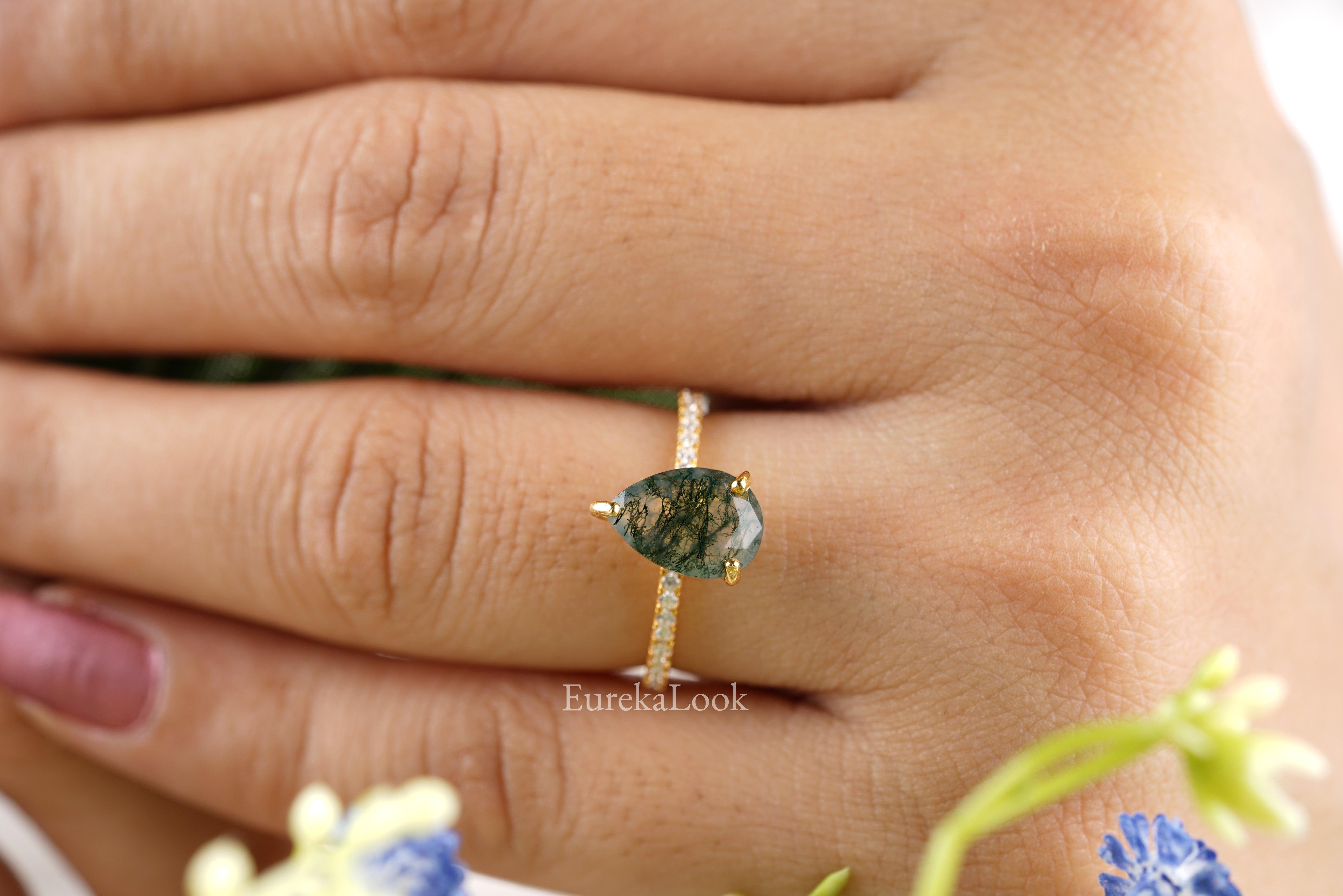 Pear Cut Moss Agate Hidden Halo Wedding Ring - Eurekalook