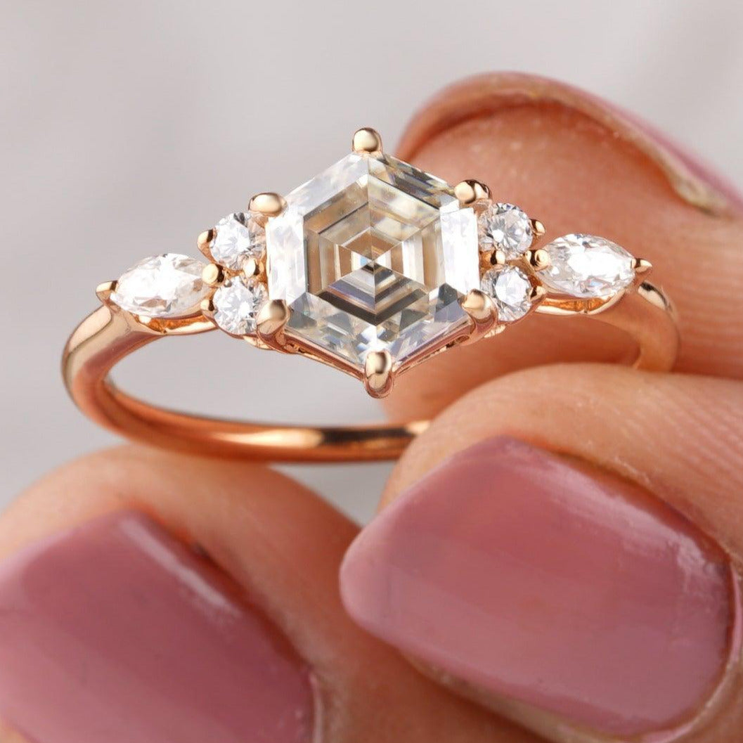 Simple Hexagon Cut Moissanite Cluster Wedding Ring - Eurekalook