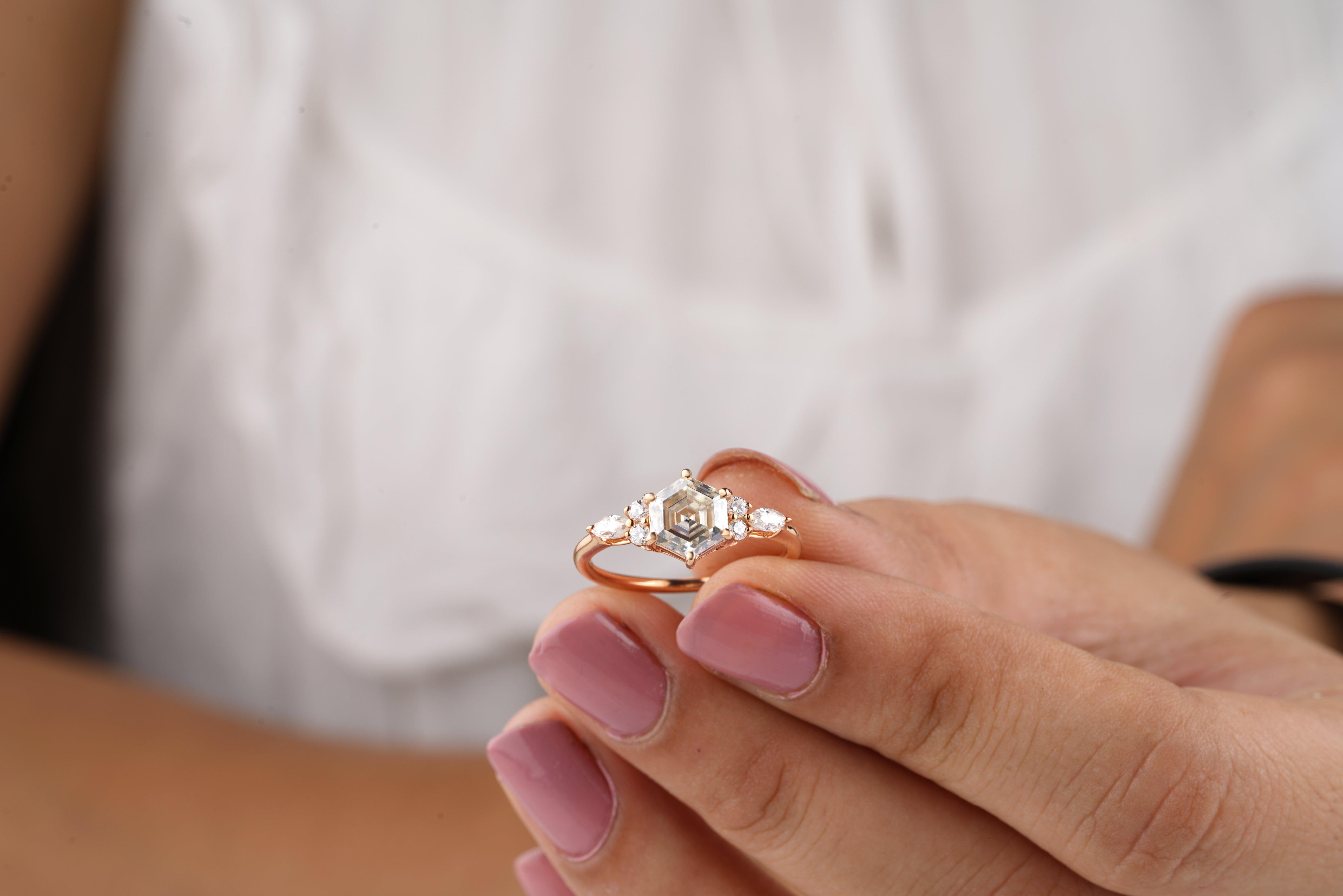 Simple Hexagon Cut Moissanite Cluster Wedding Ring - Eurekalook