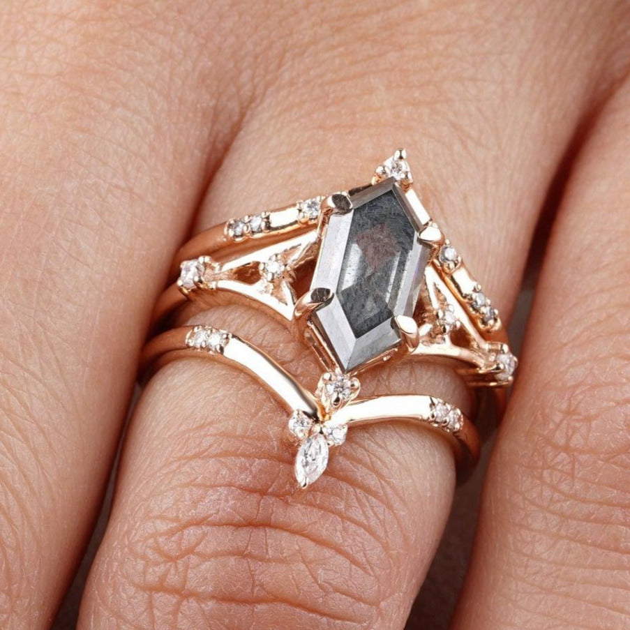 Elongated Hexagon Salt and Pepper Diamond Bridal Ring Set - Eurekalook
