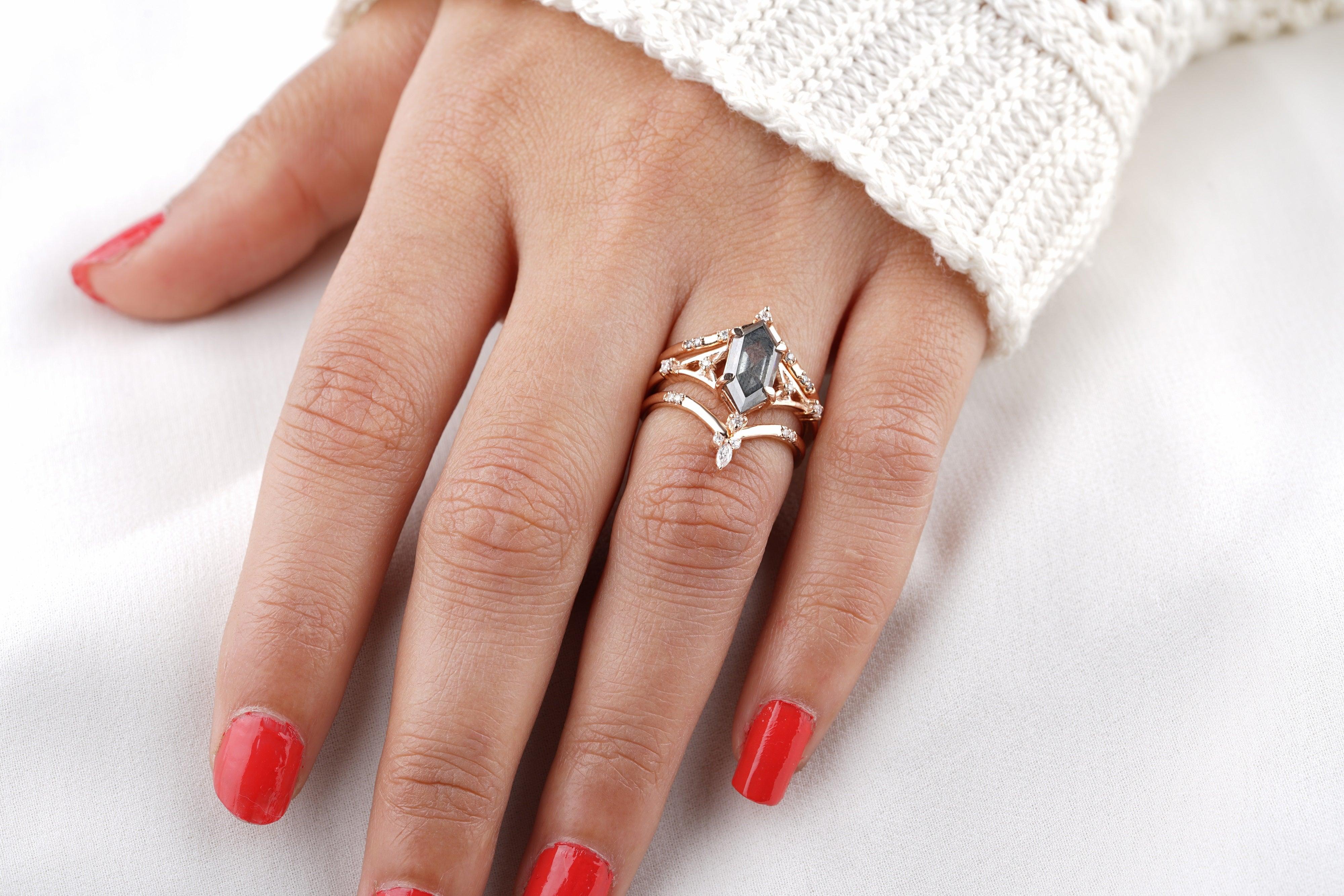 Elongated Hexagon Salt and Pepper Diamond Bridal Ring Set - Eurekalook
