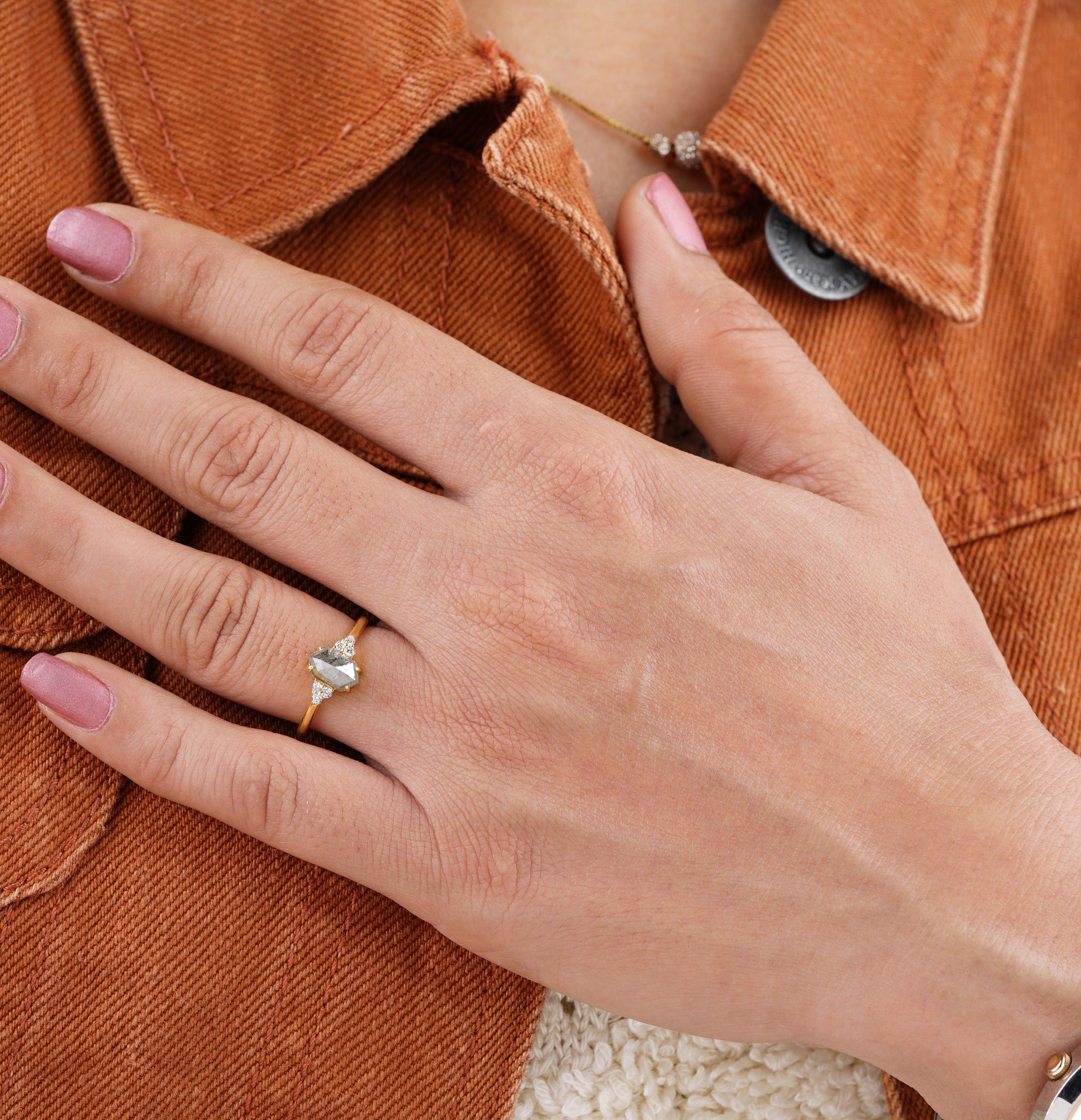 Hexagon Cut Salt and Pepper Diamond Cluster Engagement Ring - Eurekalook