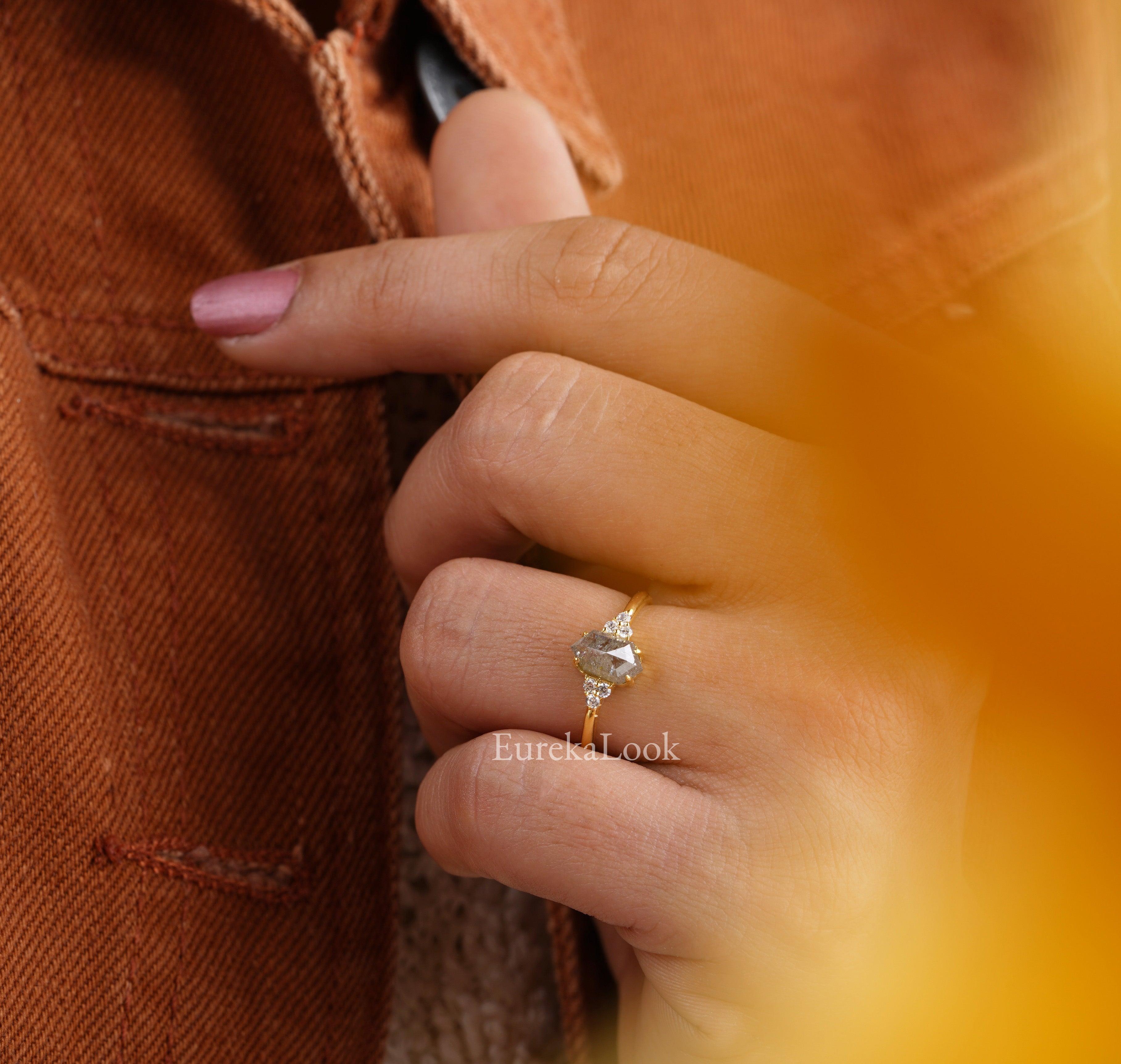 Hexagon Cut Salt and Pepper Diamond Cluster Engagement Ring - Eurekalook