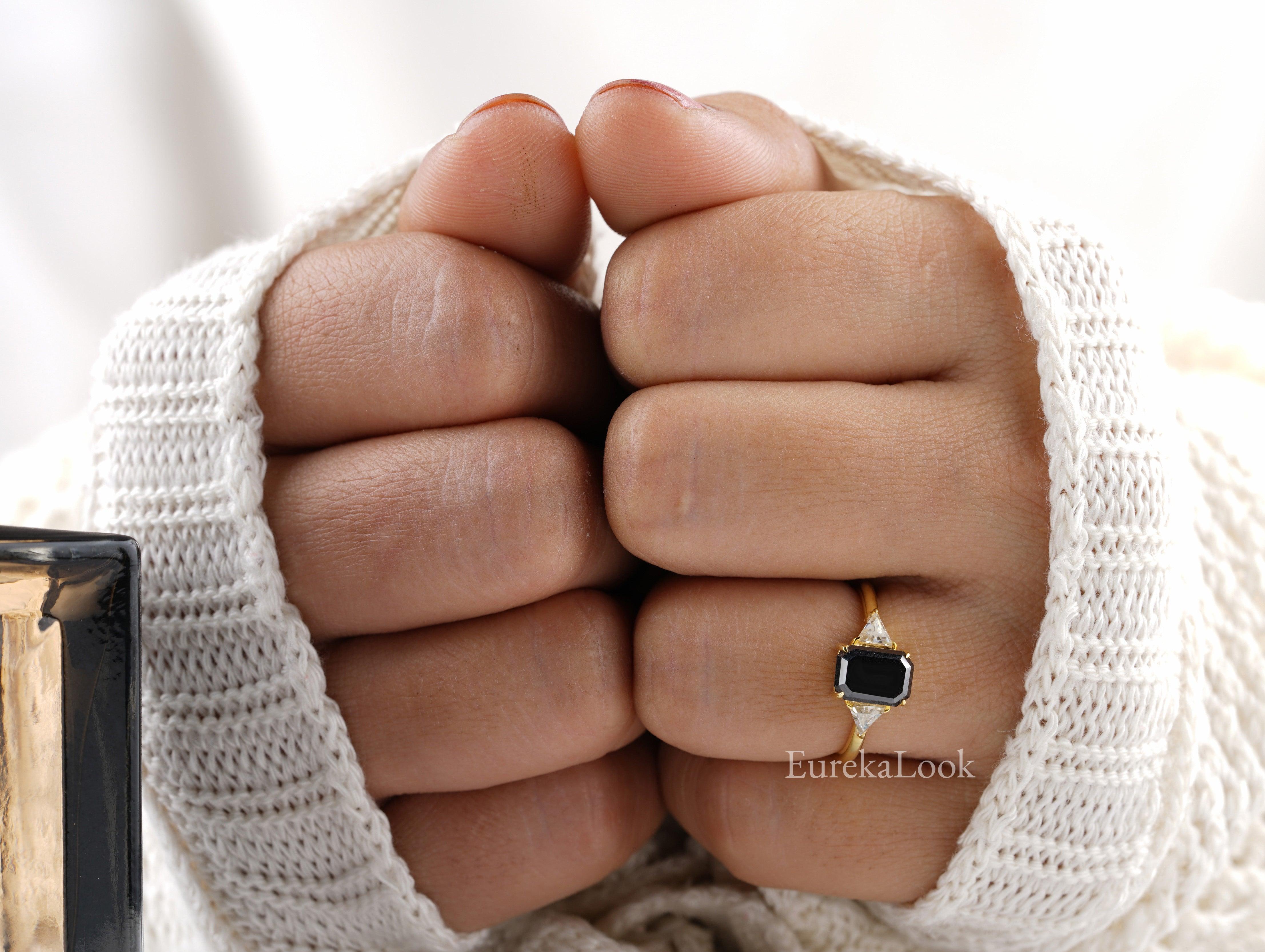 Three Stone Emerald-Cut Salt and Pepper Moissanite Ring - Eurekalook