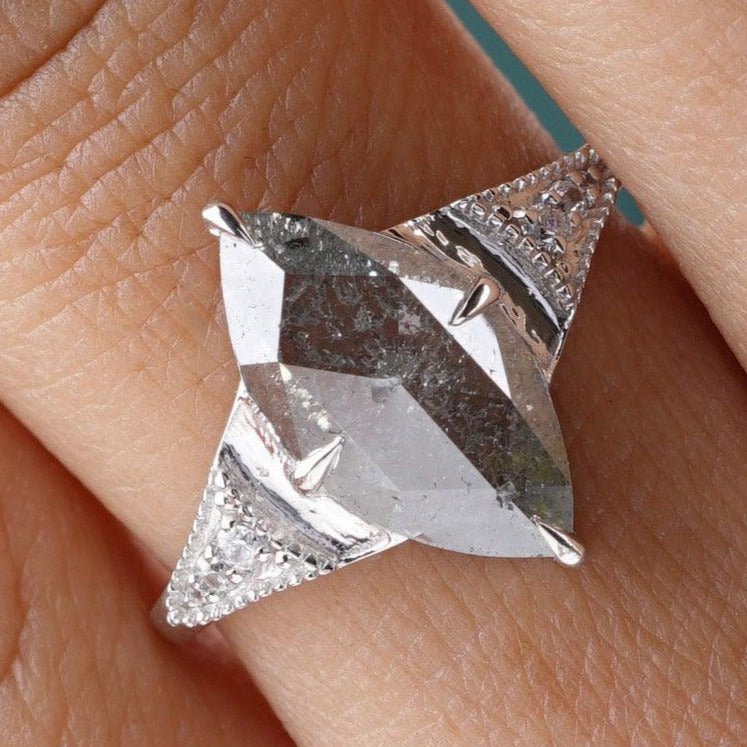 Antique Marquise Cut Salt and Pepper Engagement Ring - Eurekalook