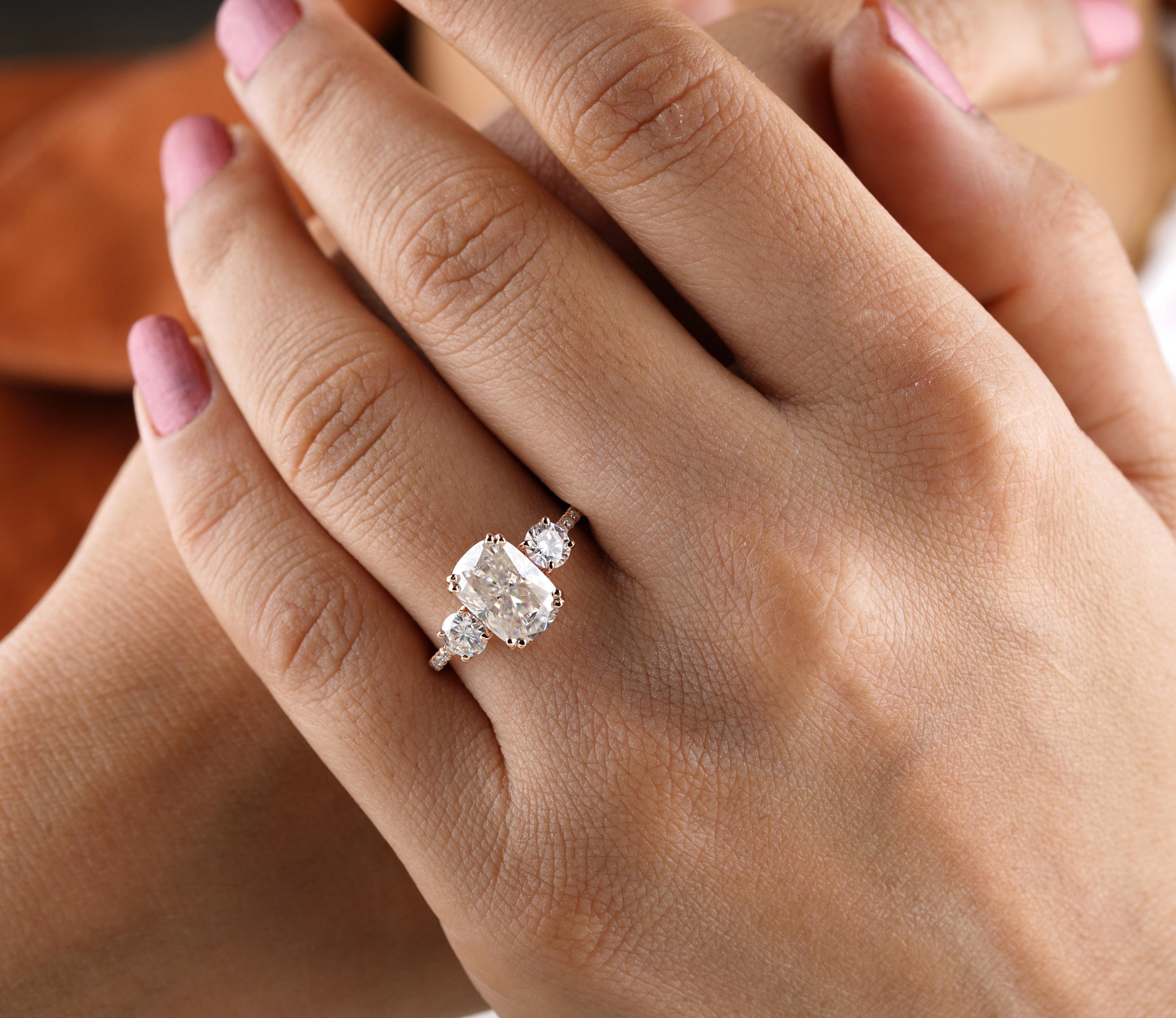 Elongated Cushion Cut Moissanite Three Stone Bridal Ring – Eurekalook Elongated Cushion Cut Moissanite Three Stone Bridal Ring – Eurekalook