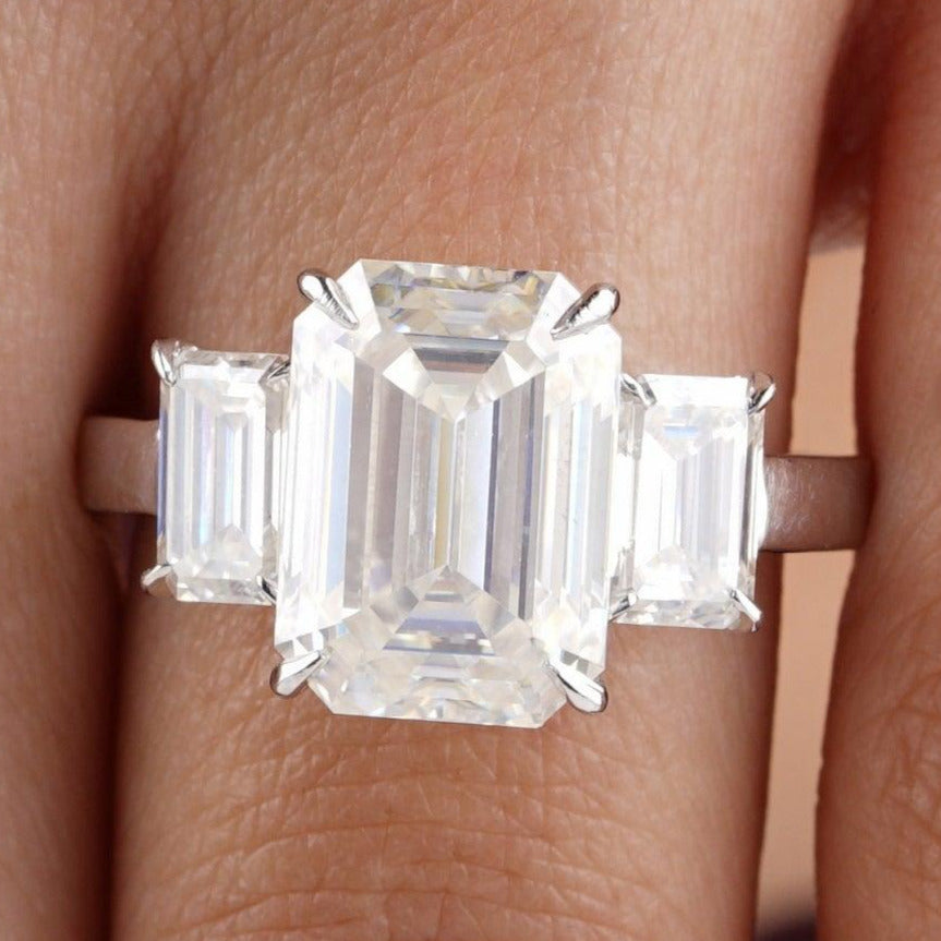 Three Stone Emerald Cut Moissanite Wedding Ring - Eurekalook