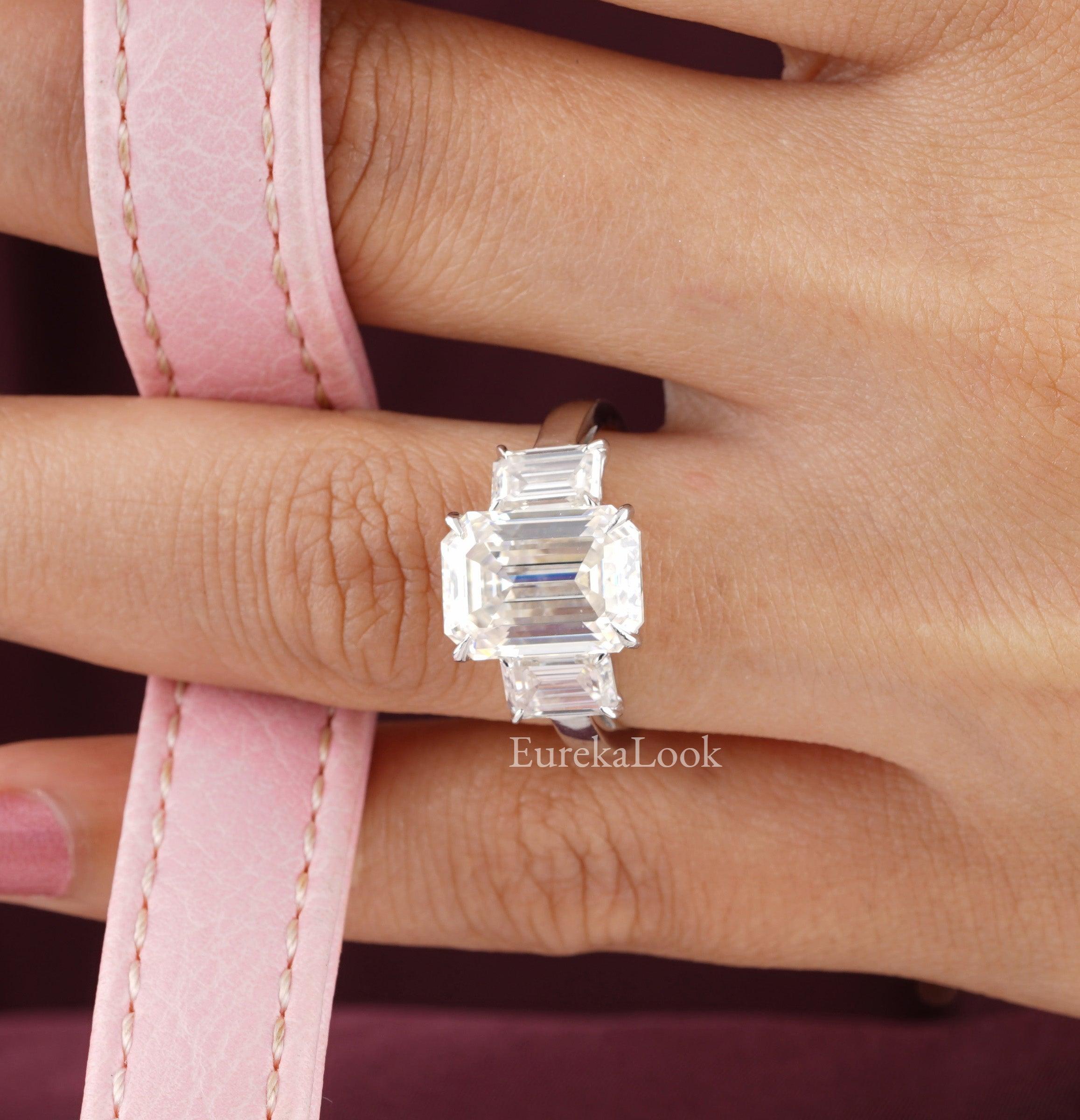 Three Stone Emerald Cut Moissanite Wedding Ring - Eurekalook