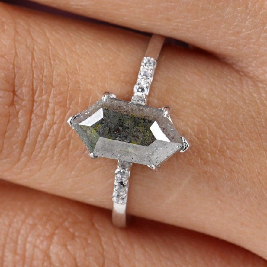 Classic Hexagon Cut Salt and Pepper Diamond Engagement Ring - Eurekalook