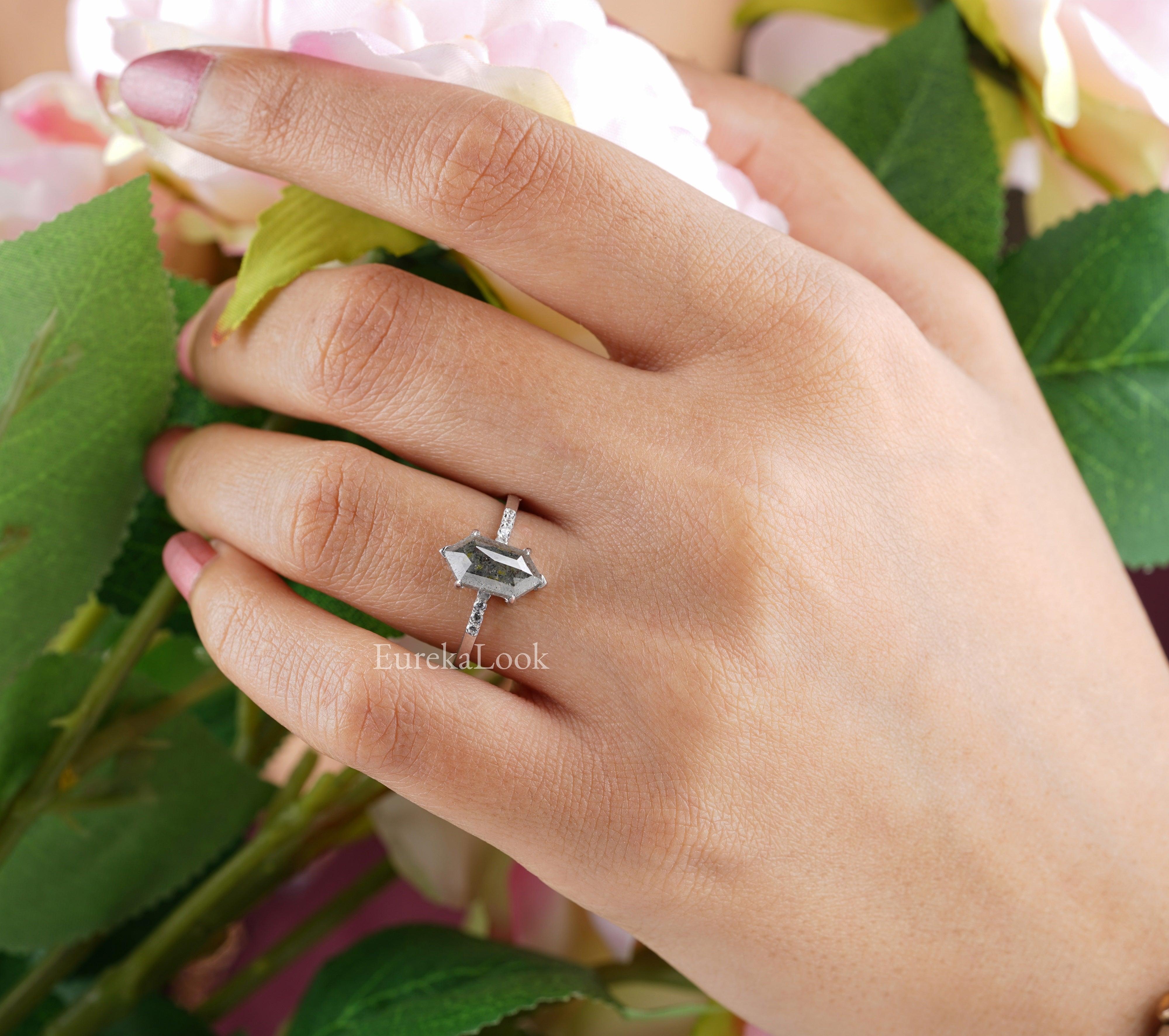 Classic Hexagon Cut Salt and Pepper Diamond Engagement Ring