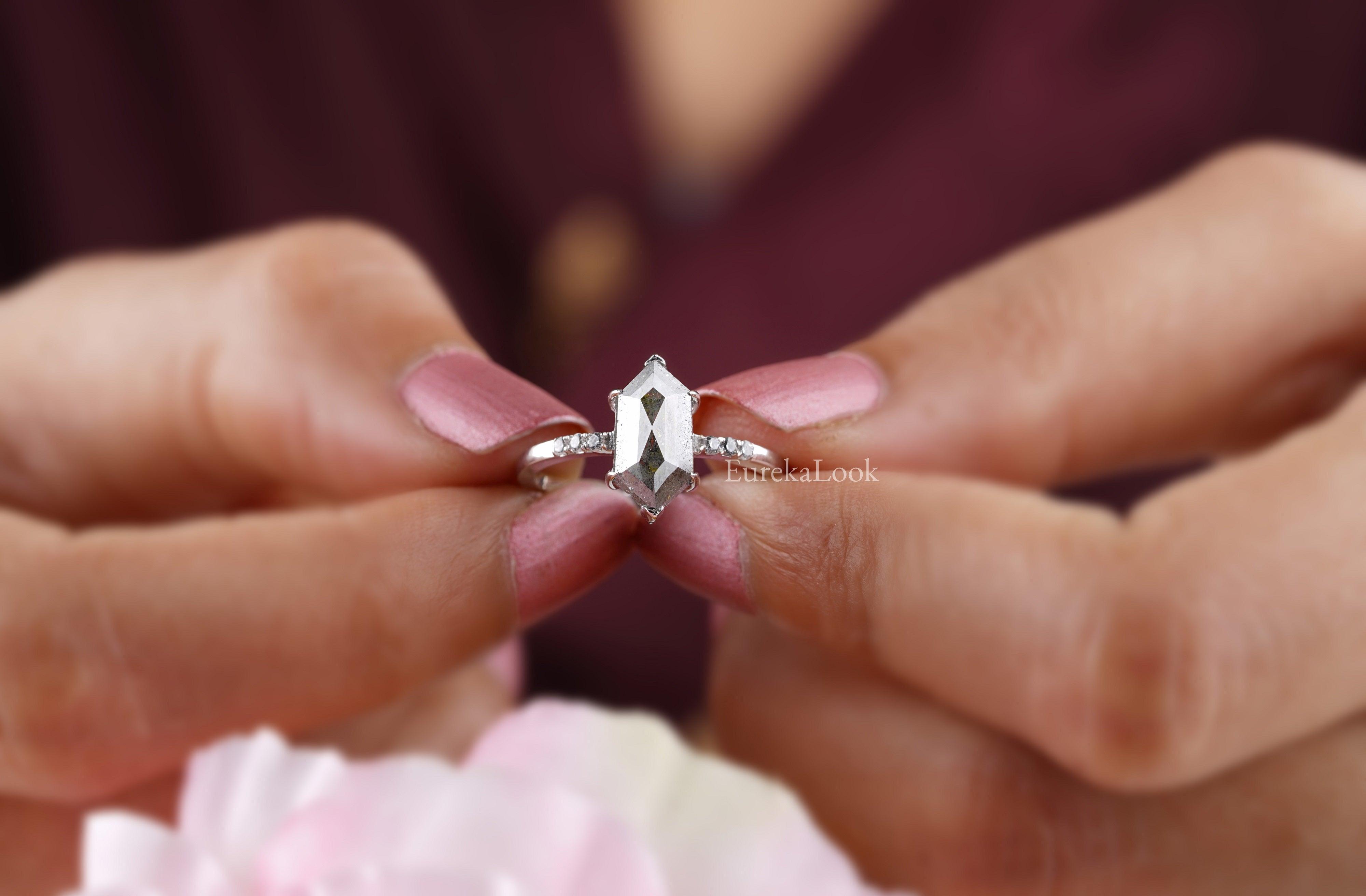 Classic Hexagon Cut Salt and Pepper Diamond Engagement Ring - Eurekalook