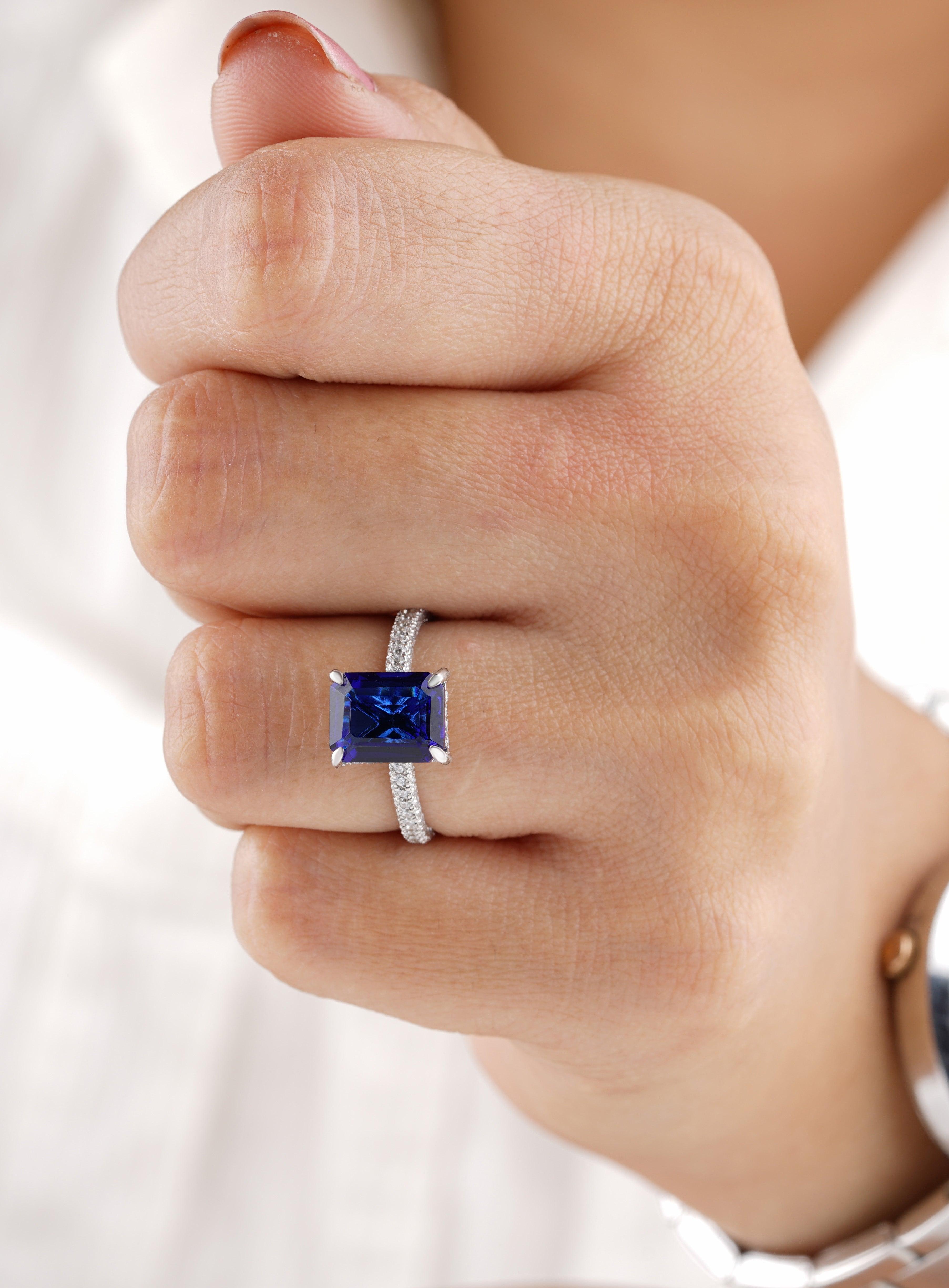 Emerald Cut Blue Sapphire Diamond Wedding Ring – Eurekalook