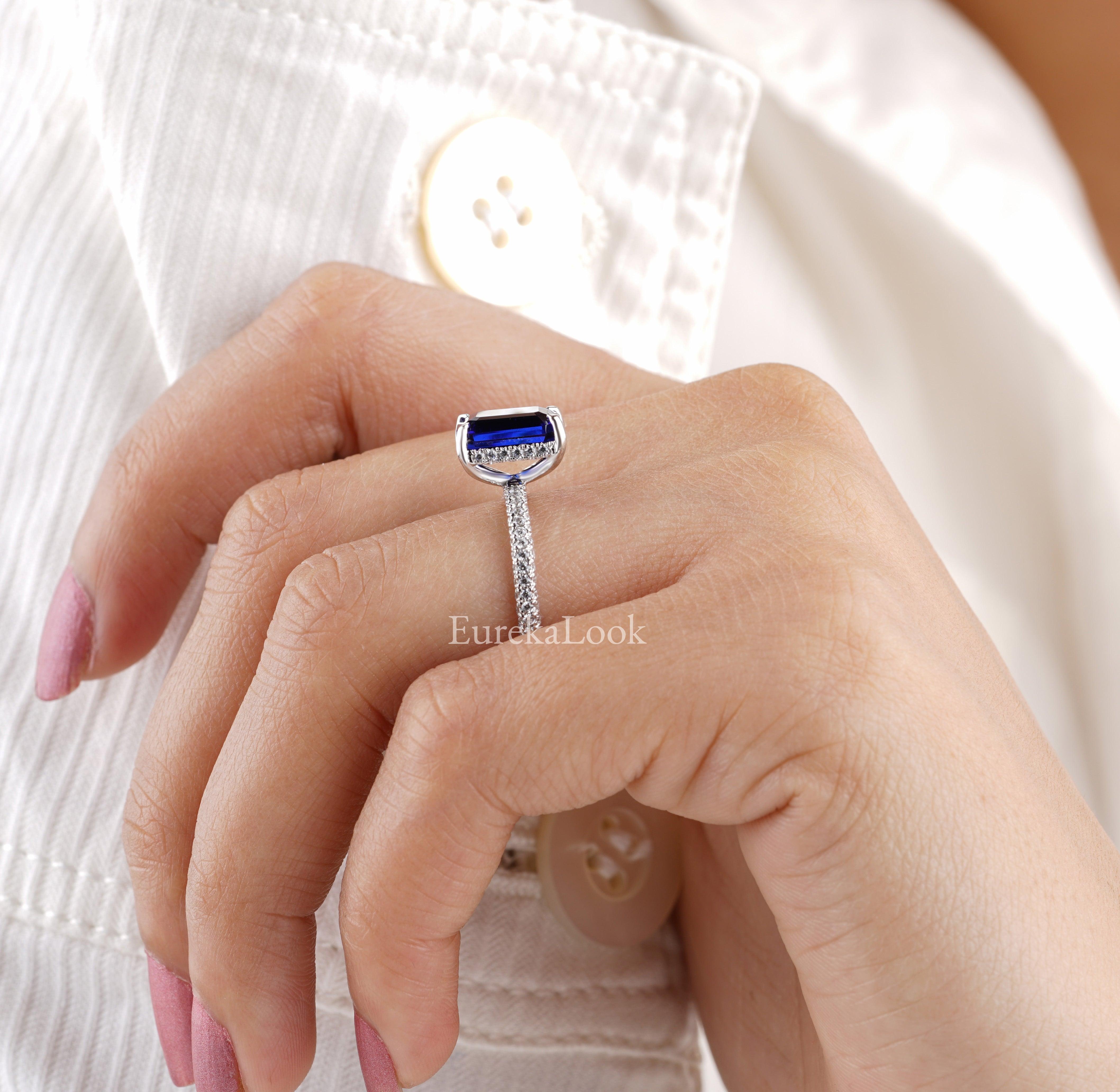 Emerald Cut Blue Sapphire Diamond Wedding Ring - Eurekalook