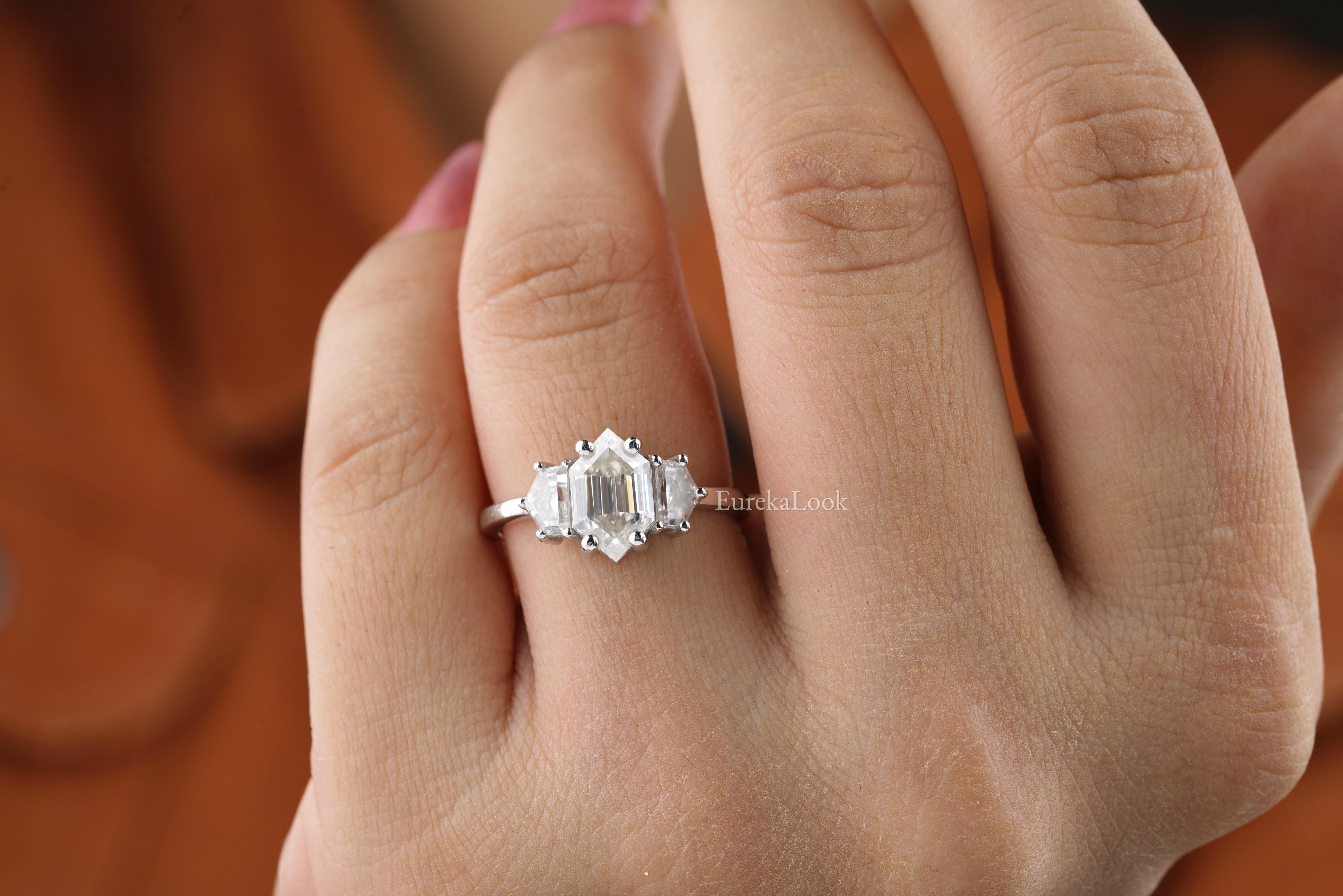 Three Stone Hexagon Cut Moissanite Engagement Ring - Eurekalook